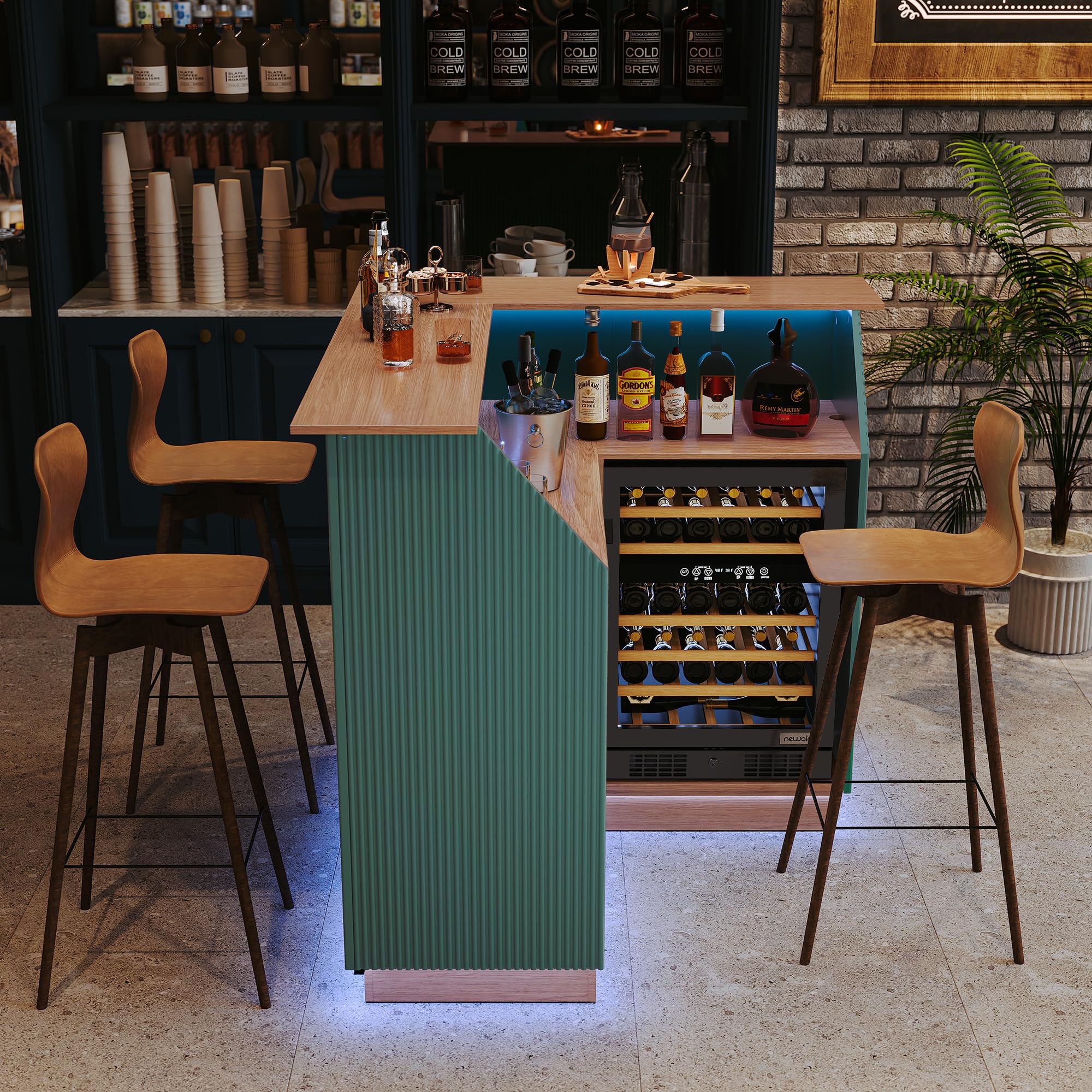 ARTPOWER L Shaped Home Bar Cabinet with Fridge Space, Oversized Modern Basement Coffee Bar Table with LED Strip, Fluted 4-Tier Corner Wine Cabinet with Stemware Racks for Dining Living Room, Green