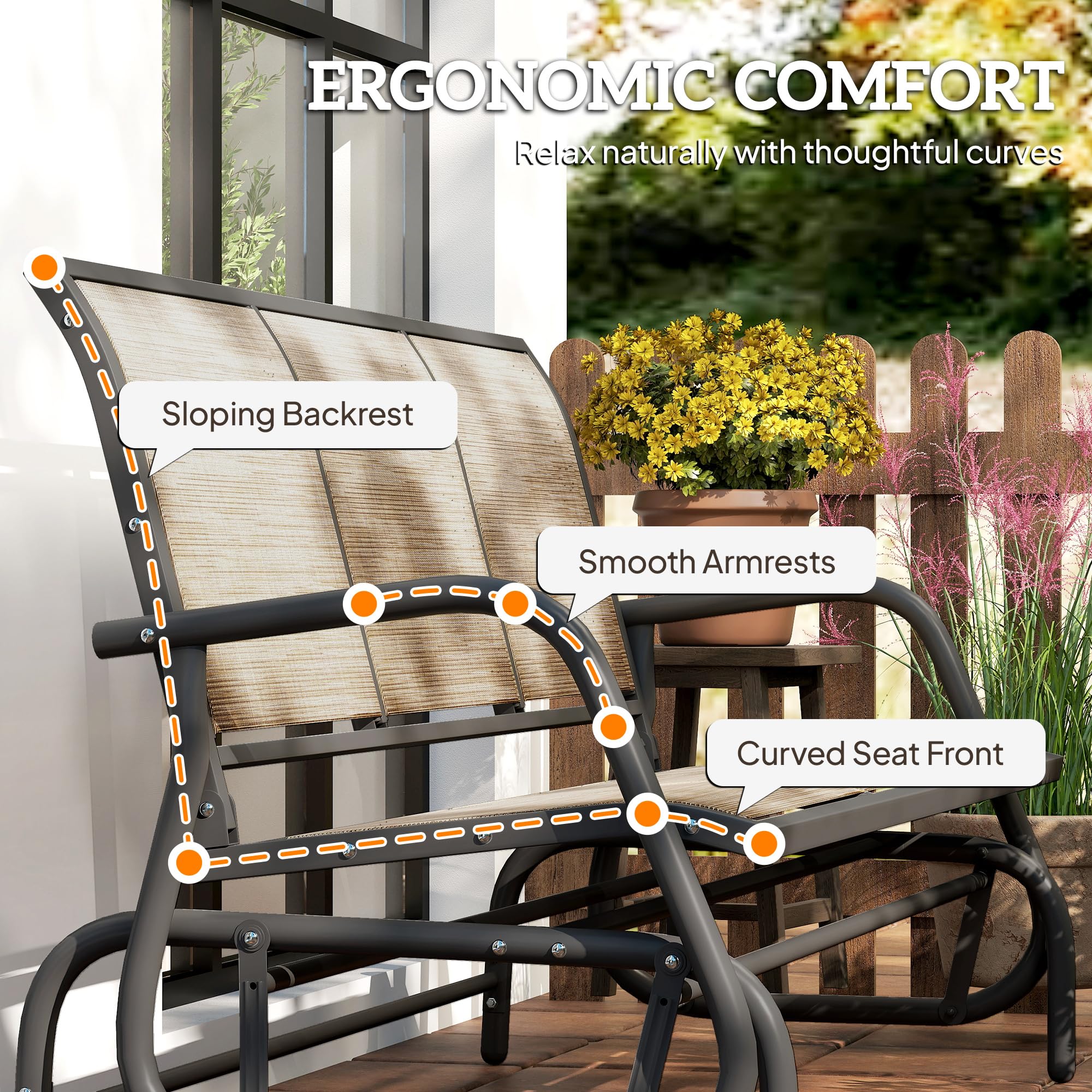 Outsunny 3-Person Patio Glider Bench, Outdoor Porch Glider Swing with 3 Seats, Breathable Mesh Fabric, Metal Frame, Light Mixed Brown