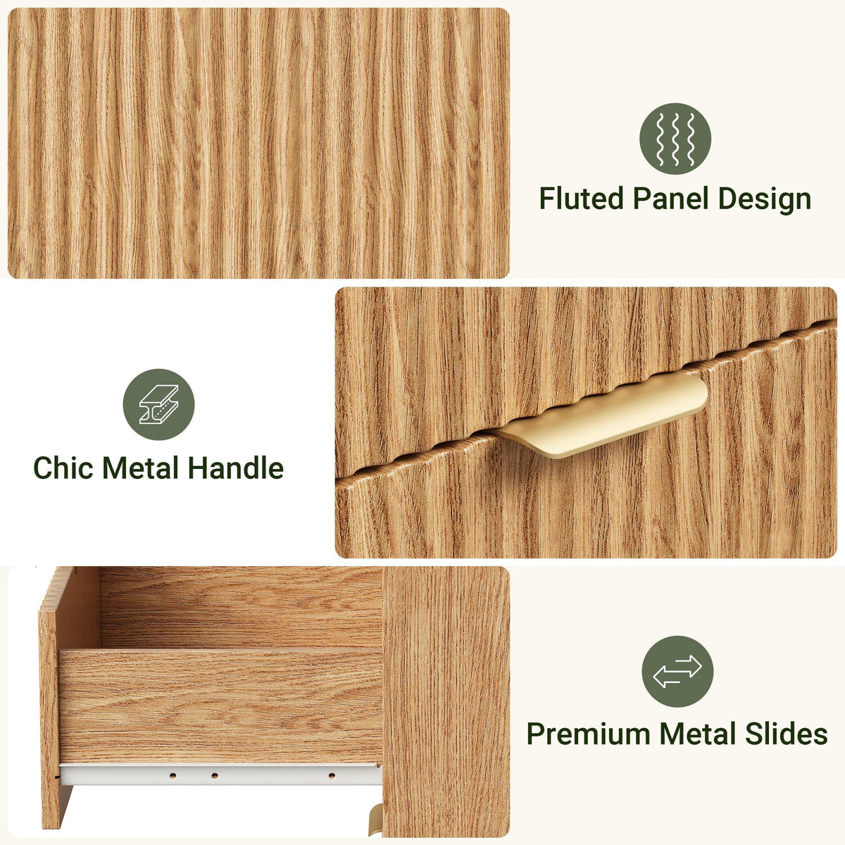 OURPIC Fluted Modern 6 Drawer Dresser for Bedroom, 47"W x 26"H, Natural Oak