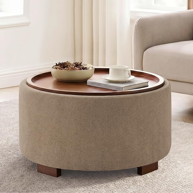 Round Storage Ottoman with Flip-Top Tray Lid & Wood Legs