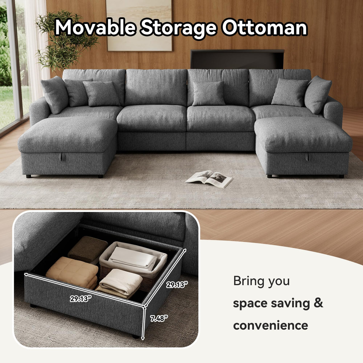 WorthFurni 140” Oversized Cloud Sectional Couches for Living Room, Modern Modular Sectional Sofa with Deep Seat, Convertible U Shape Couch with Storage Ottoman for Apartment, Chenille (Dark Gray)