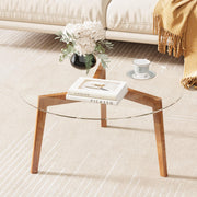 WFSRESTD Glass Coffee Table, Small Round Coffee Tables with Solid Wood Legs, Mid Century Modern Center Table with Glass Top for Small Spaces, Living Room, 31.5x31.5x15.4