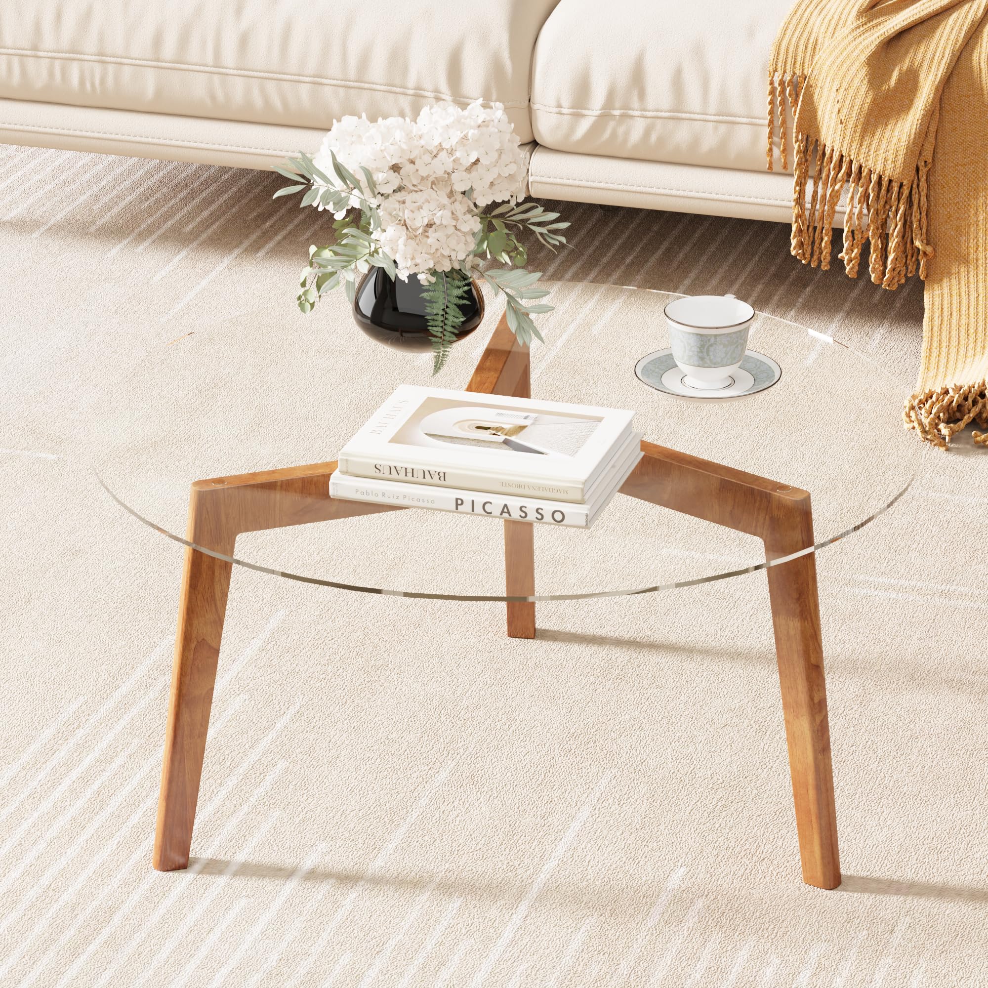 WFSRESTD Glass Coffee Table, Small Round Coffee Tables with Solid Wood Legs, Mid Century Modern Center Table with Glass Top for Small Spaces, Living Room, 31.5x31.5x15.4