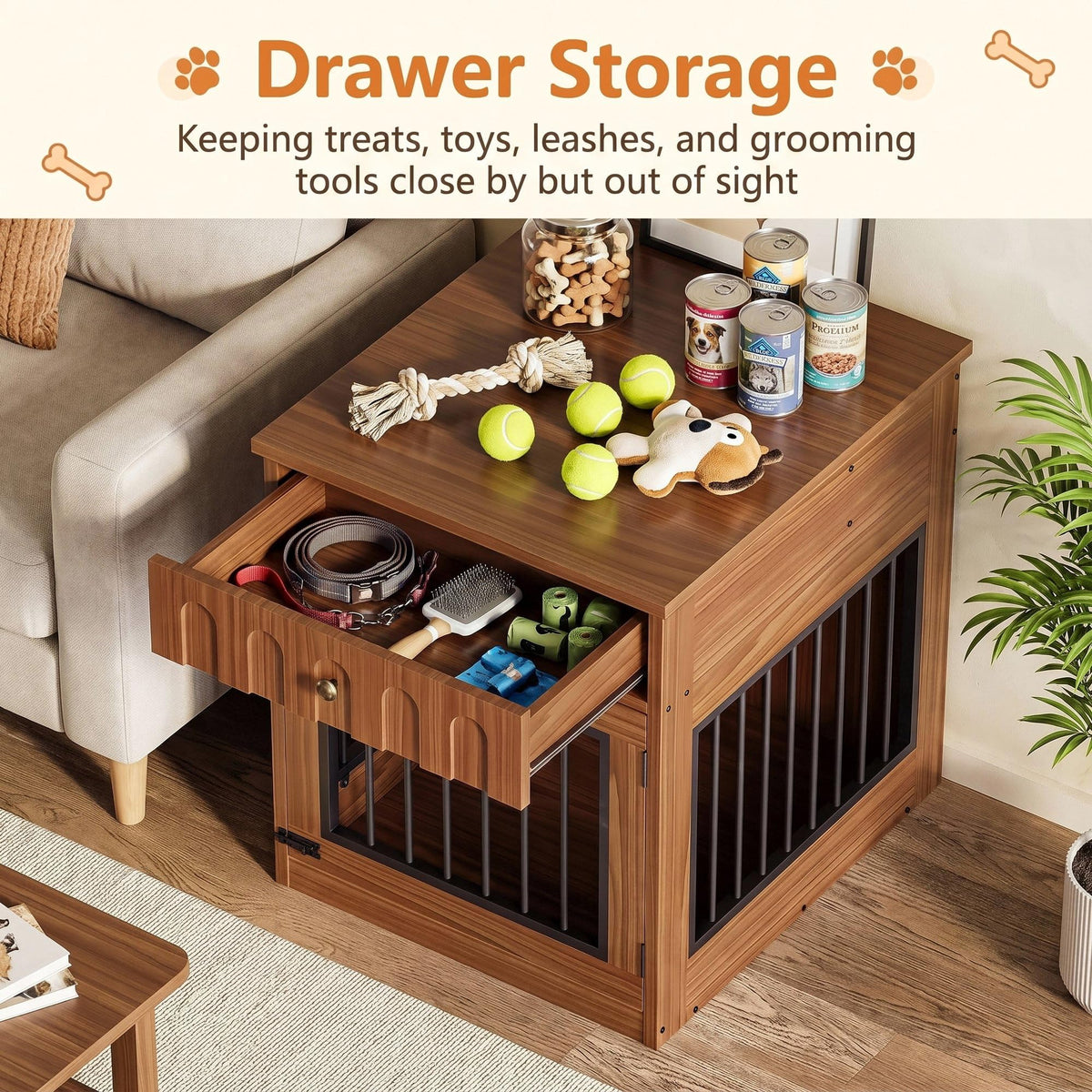 IRONCK 25.6" Small Dog Crate Furniture with Drawer and Flip Top, Walnut