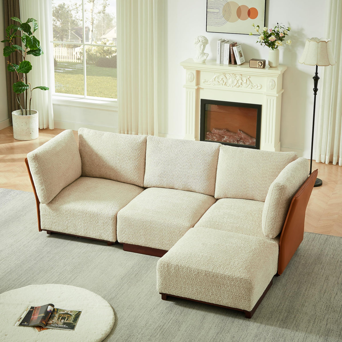 Christopher Knight Home Macy Modern L-Shaped Modular Couch with Ottoman, Modular Sectional Sofa with Wooden Frame for 4, Boucle Fabric Lounge Sofa Couch for Living Room Home Office, Sesame