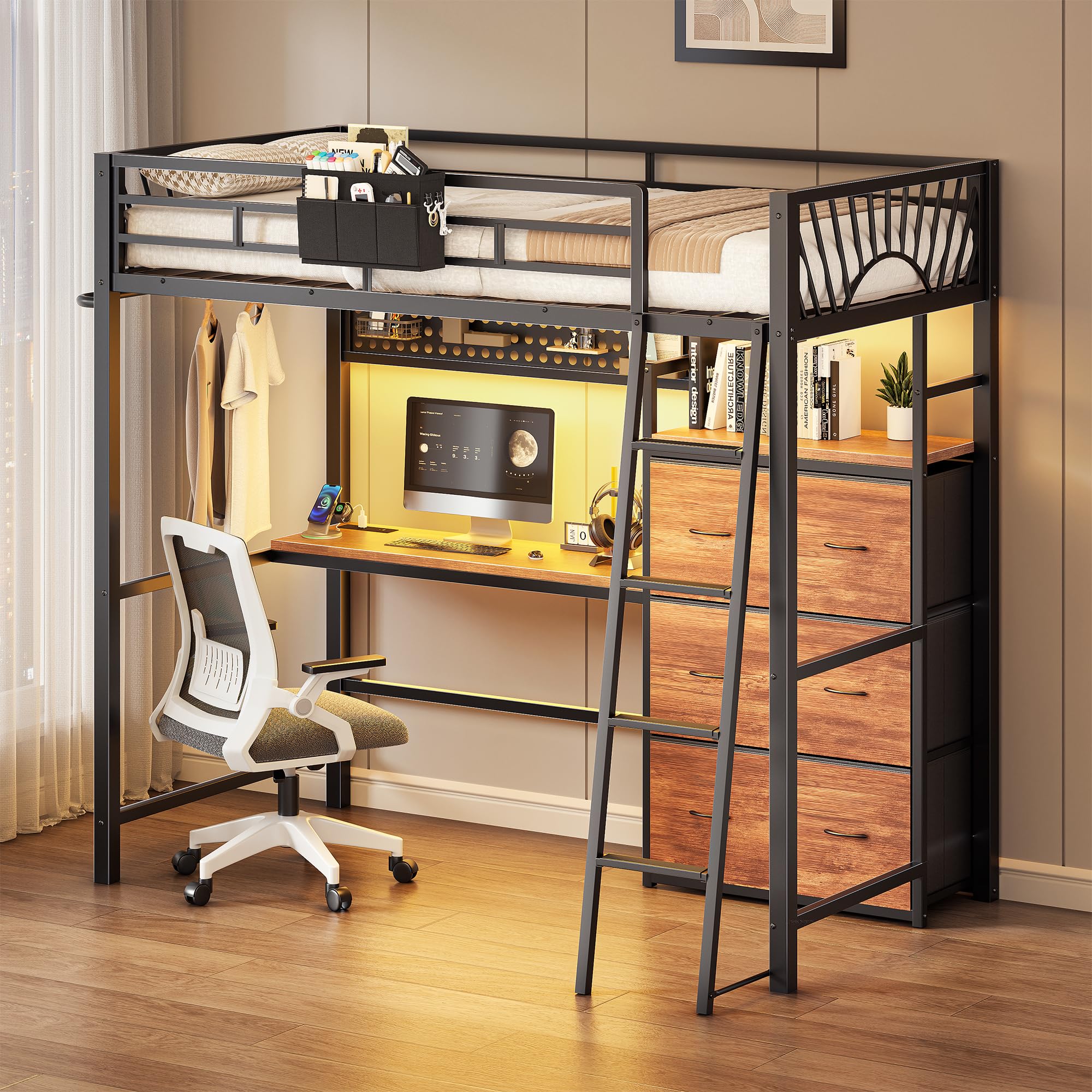 Twin Loft Bed with Desk & 6 Storage Drawers