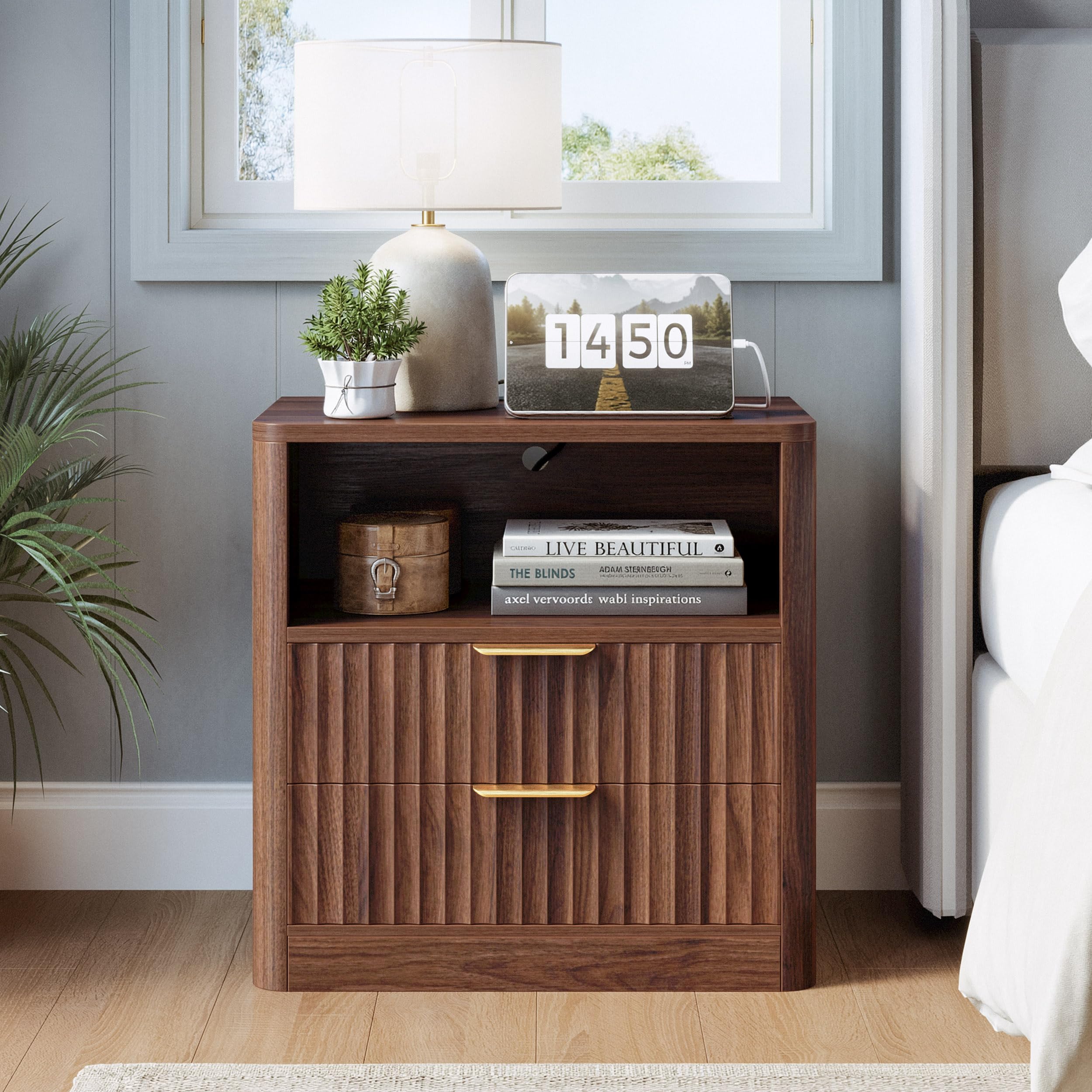 Fluted Nightstand Set of 2 with Charging Station