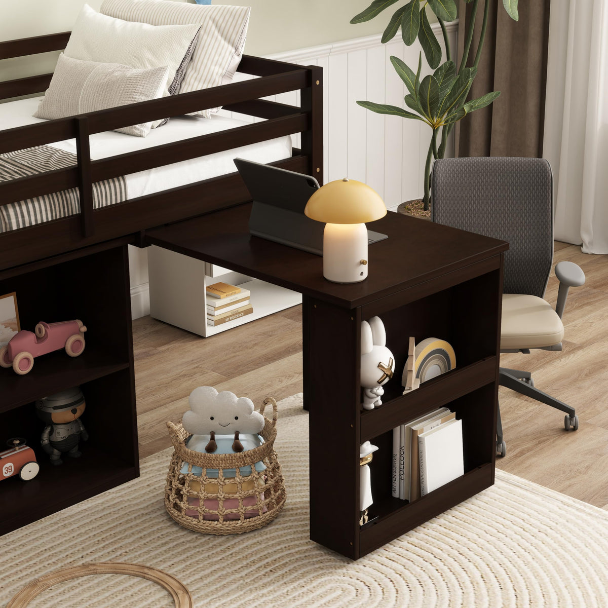 PVWIIK Twin Size Low Loft Bed with Desk,Storage Drawer for Kids,Espresso