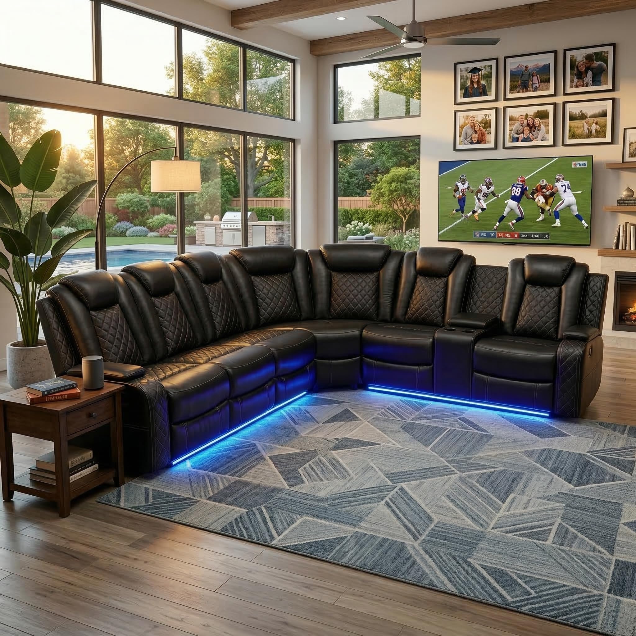 Power Reclining Leather Sectional Sofa Set for Living Room, 6-Seater Black Curved Couch with LED Lights, Cup Holders & Storage Console, Home Theater Seating