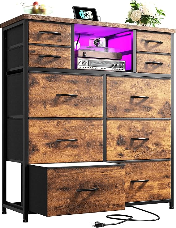 10-Drawer Dresser with LED Light & Power Outlet