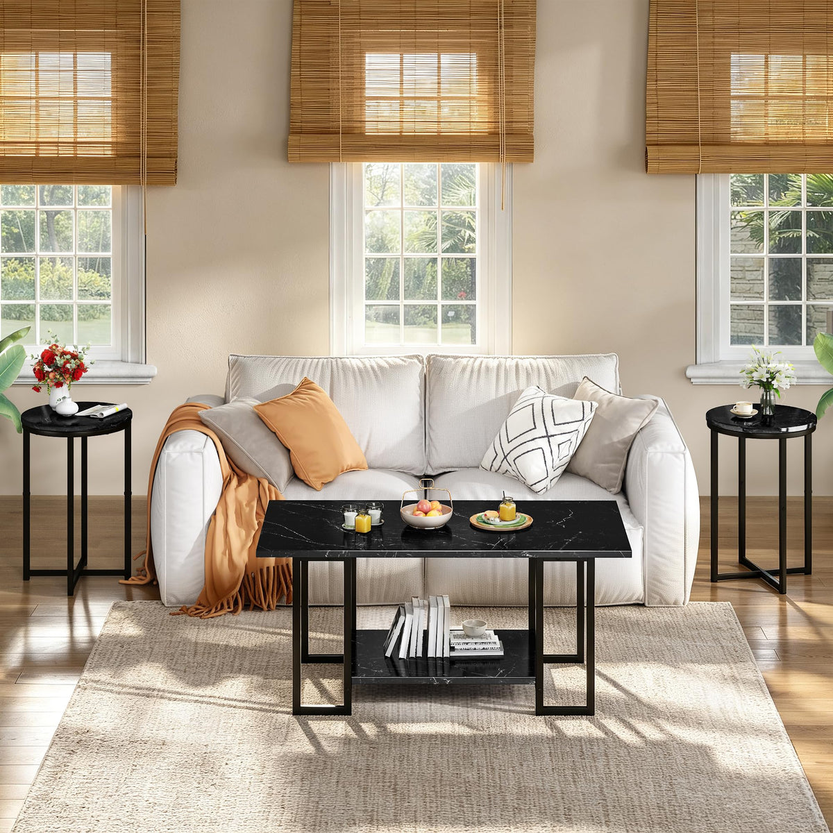 AWQM Coffee Table Set of 3, Faux Marble Living Room Table Set, Black