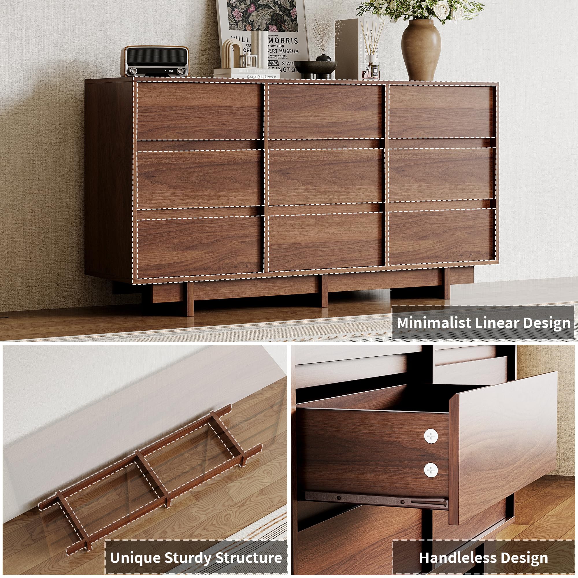 SINROM Walnut Dresser for Bedroom, 59" Wide 9 Drawer Dresser, Mid Century Modern Dressers Chest of Drawers, Wooden Large Dressers for Bedroom, Closet