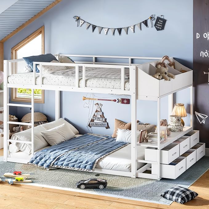 Twin Metal Bunk Bed with Storage & LED Lights