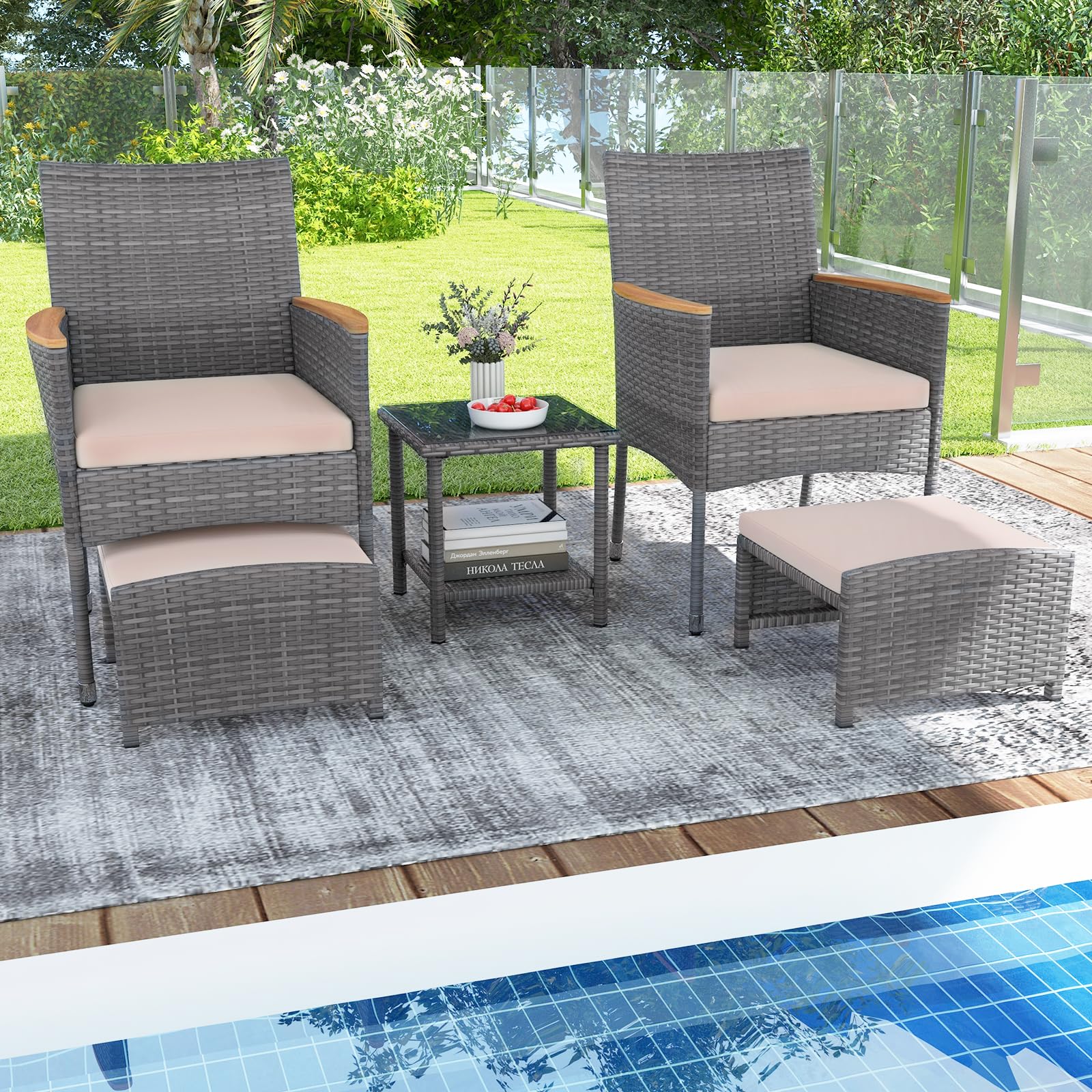 5-Piece Wicker Patio Conversation Set with Ottomans & Coffee Table