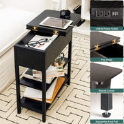 Yoobure End Table with Charging Station, Flip Top Side Table with USB Ports and Outlets, Sofa Couch Table Bedside Table for Living Room Bedroom, Narrow Nightstand with Storage Shelves for Small Space