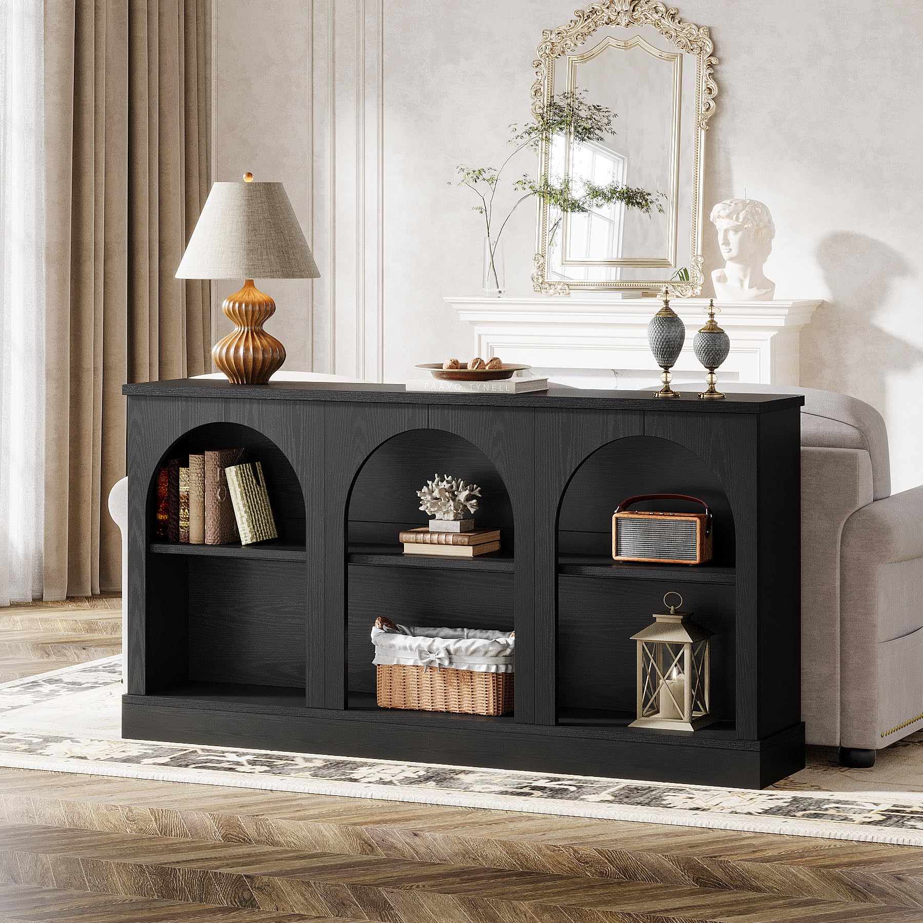 Tribesigns Farmhouse Console Table, 63-Inch Long Entryway Table with 3 Tier Storage, Wooden Rectangular Sofa Table Behind The Couch for Entrance, Hallway, Living Room, Black