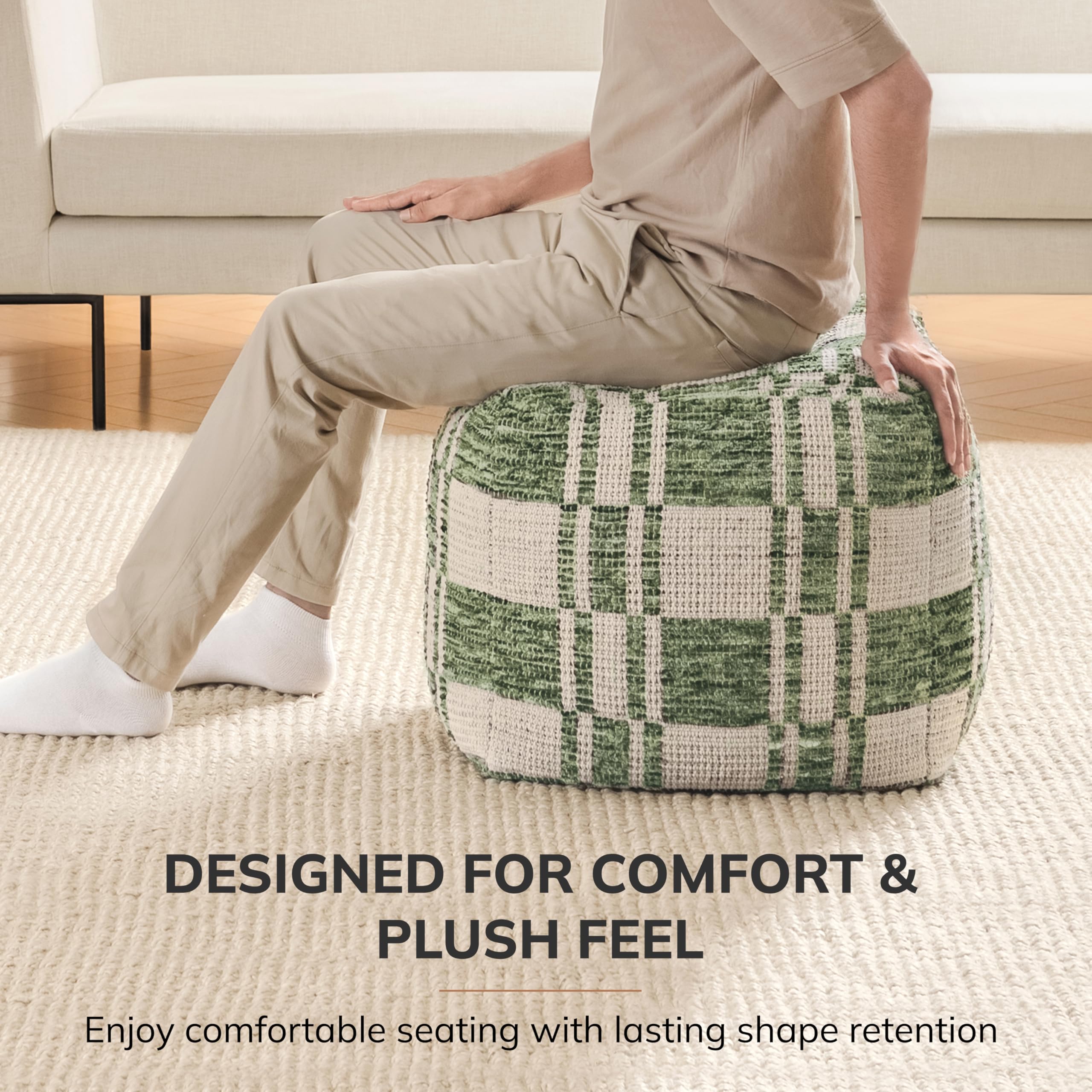 Anji Mountain Pouf Ottoman Foot Rest, Handmade Ottoman Pouf, Comfortable Foot Stool, Decorative Floor Seating for Living Room Decor, Bedroom & Home Décor Accent - Green