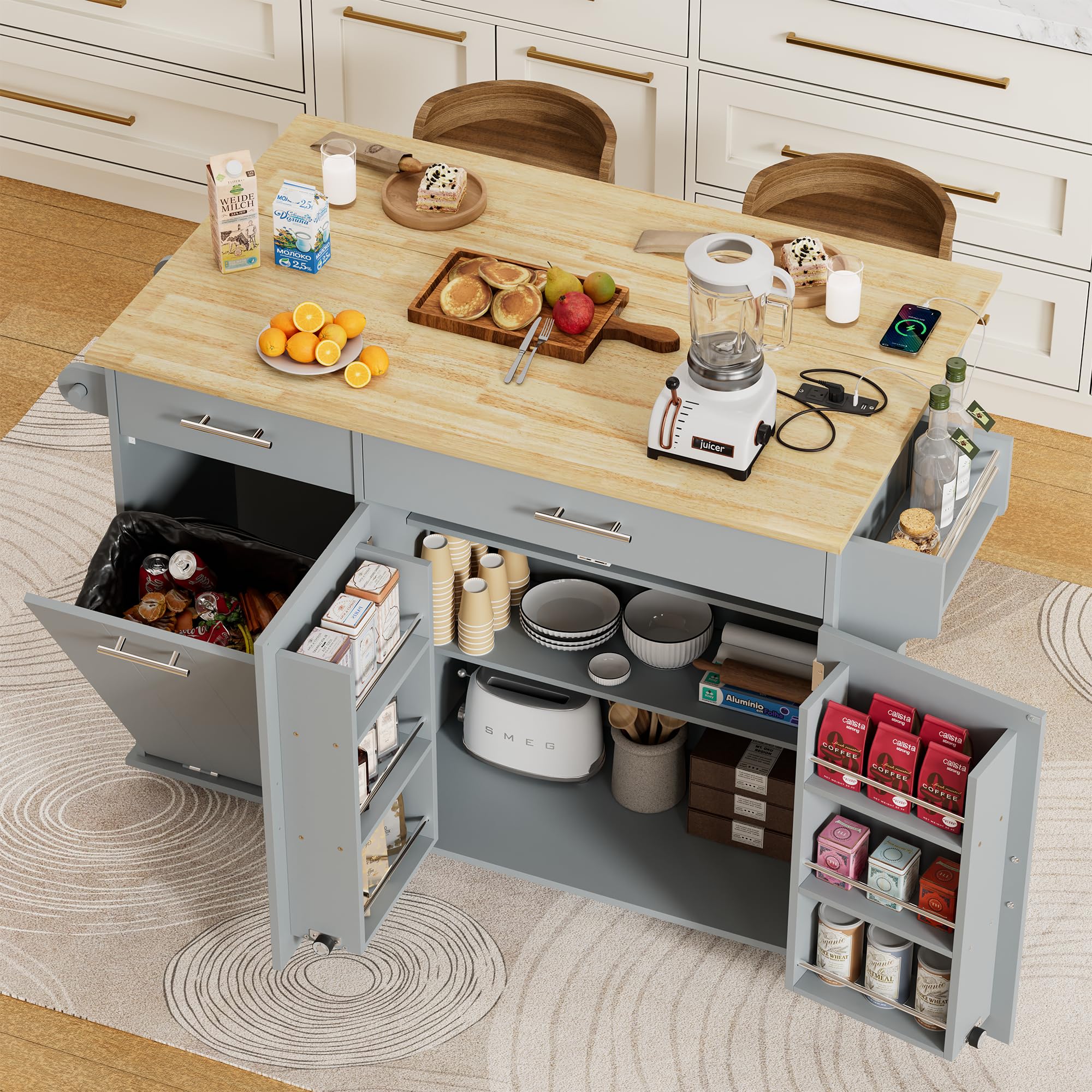 Rolling Kitchen Island with Trash Can Storage & Drop Leaf