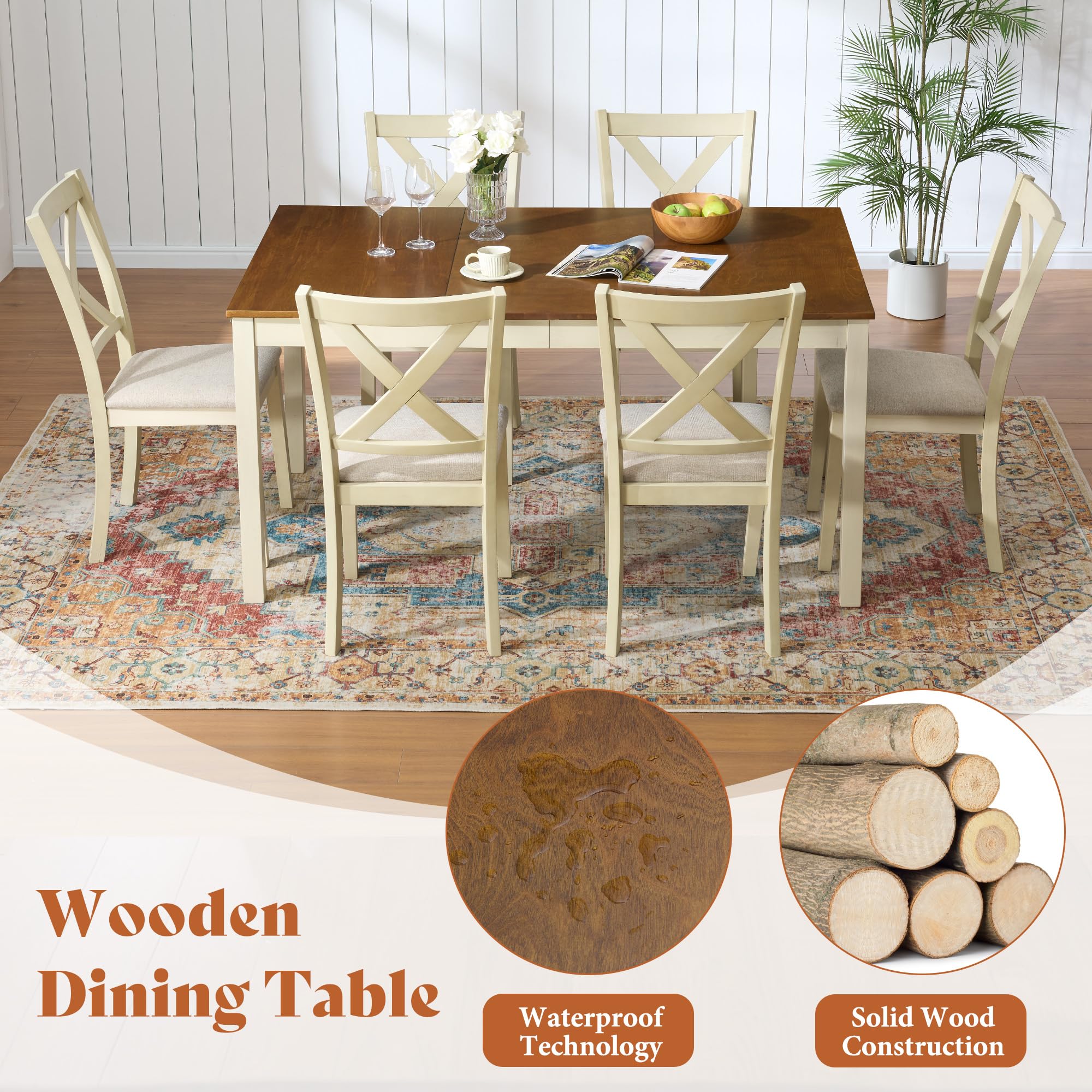 Farmhouse Solid Wood Dining Table Set with 6 Upholstered Chairs