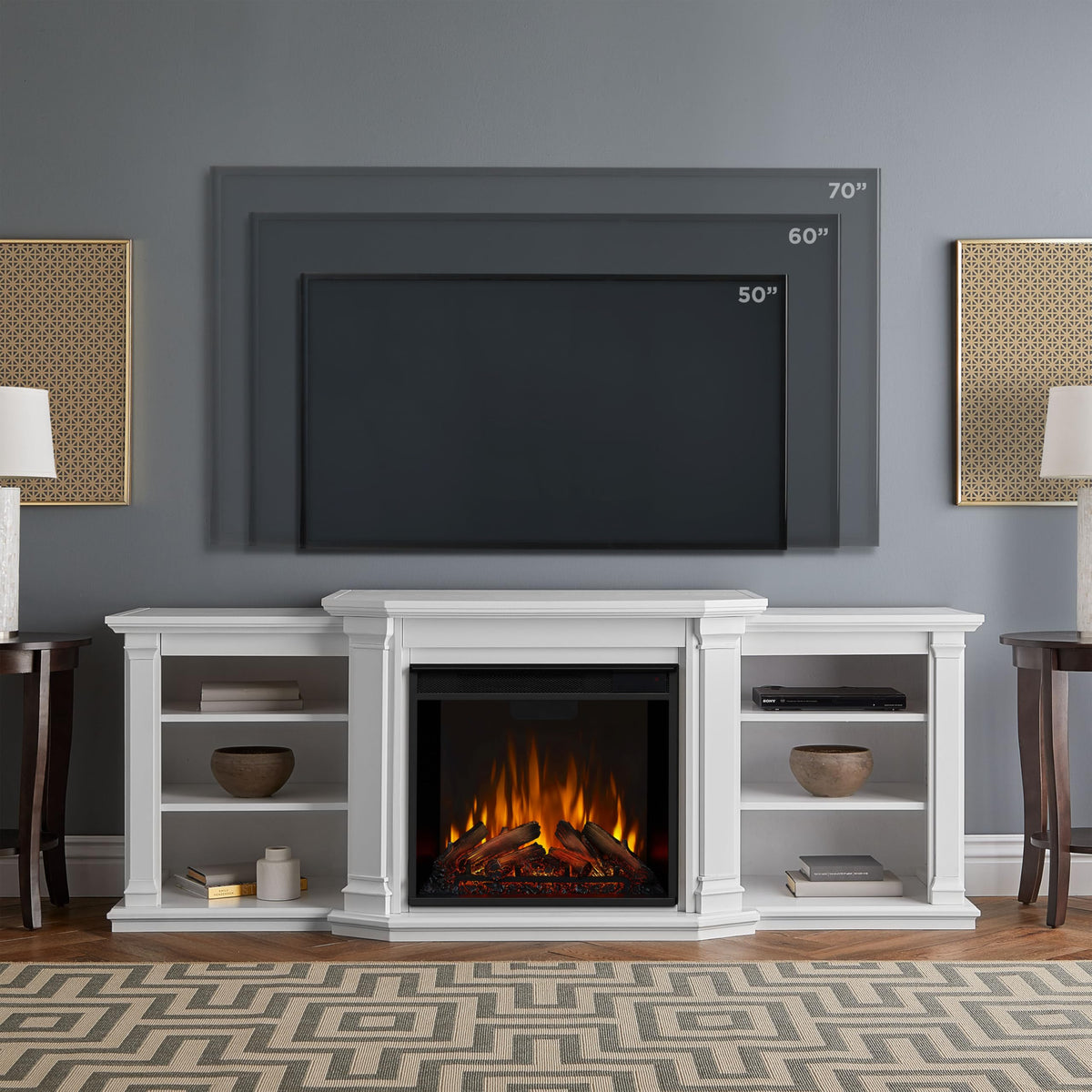 Real Flame Valmont 74" Electric Fireplace TV Stand for TVs up to 70 inches, Entertainment Center with Adjustable Shelves and Storage, TV Stand for Living Room and Bedroom, Remote Control, White