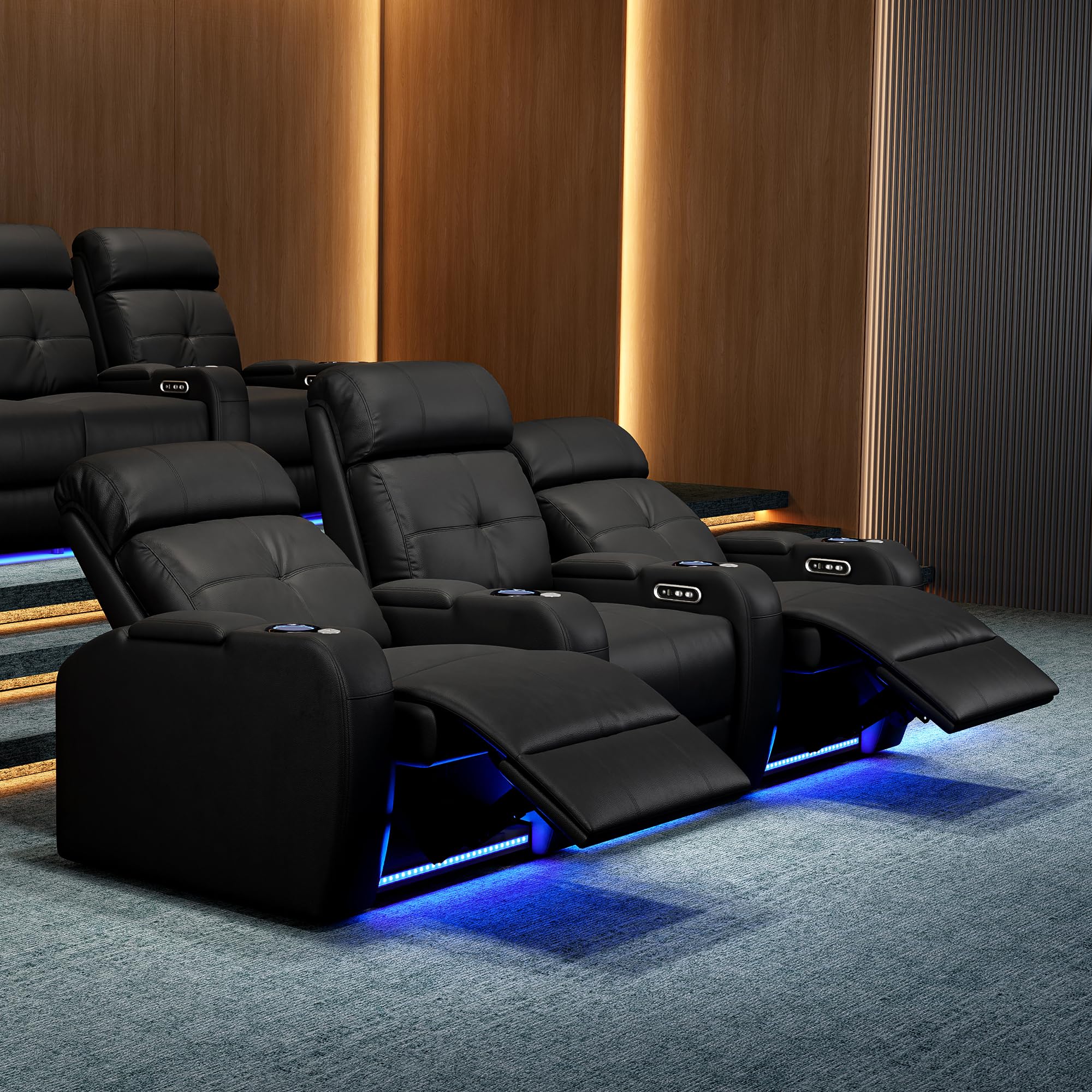 Valencia 2025 Verona Power Headrest Home Theater Seating – Top Grain Nappa Leather 9000 – Power Adjustable Headrest, USB-C Fast Charging, LED Cup Holders (Row of 3, Black)