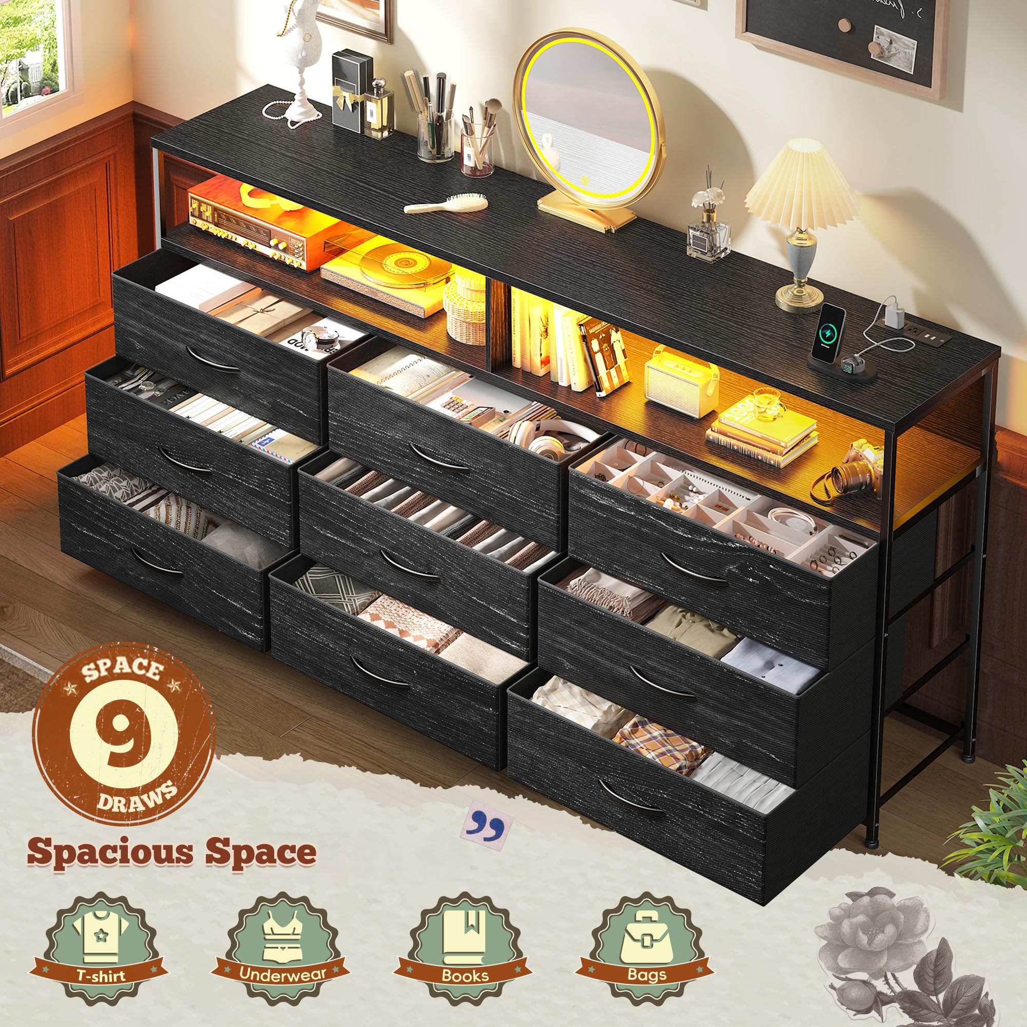 Romorgniz 55" W Dresser for Bedroom with 9 Drawers LED TV Stand with Power Outlets for 45, 55, 65 Inch TV Sturdy Long Chest of Drawers with Extra 2 Wooden Shelves Steel Frame Grain Black