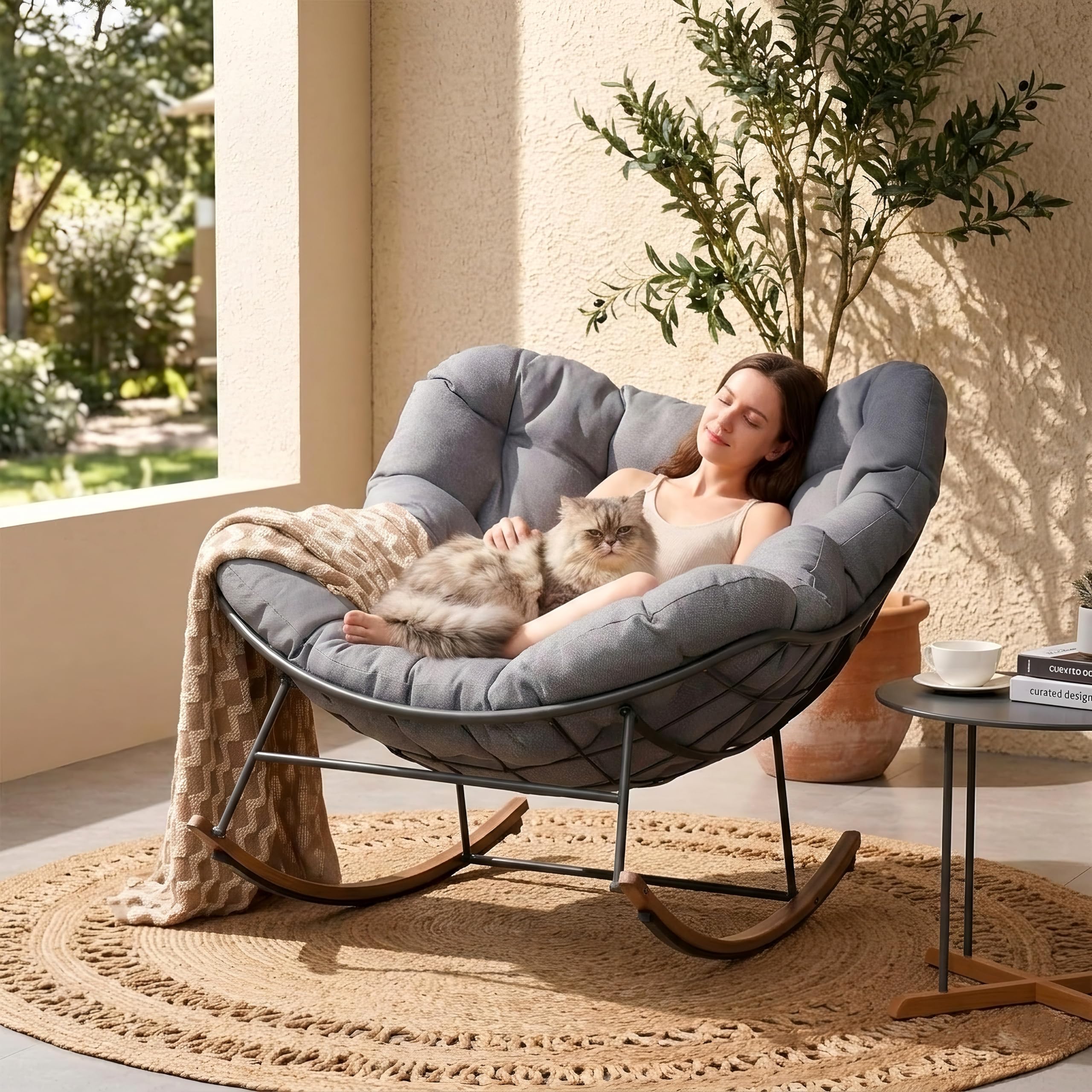 Oversized Papasan Outdoor Rocking Chair with Cushion