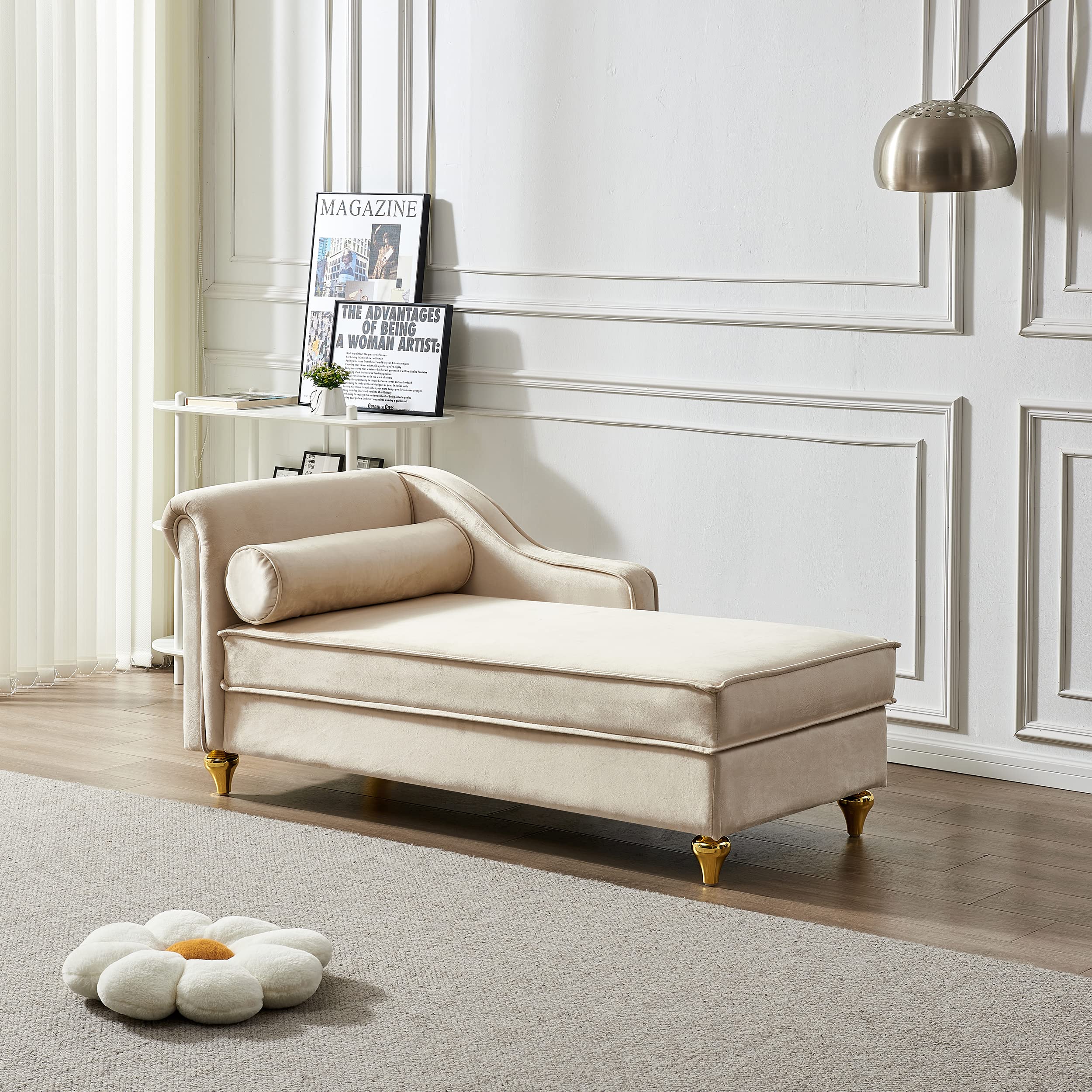 MYEYPEL 60.6''Velvet Chaise Lounge Indoor, Modern Velvet Lounge Chair with Left Armrest & Lumbar Pillow,Button Tufted Lounge Sofa with Storage for Bedroom, Living Room and Office，Beige