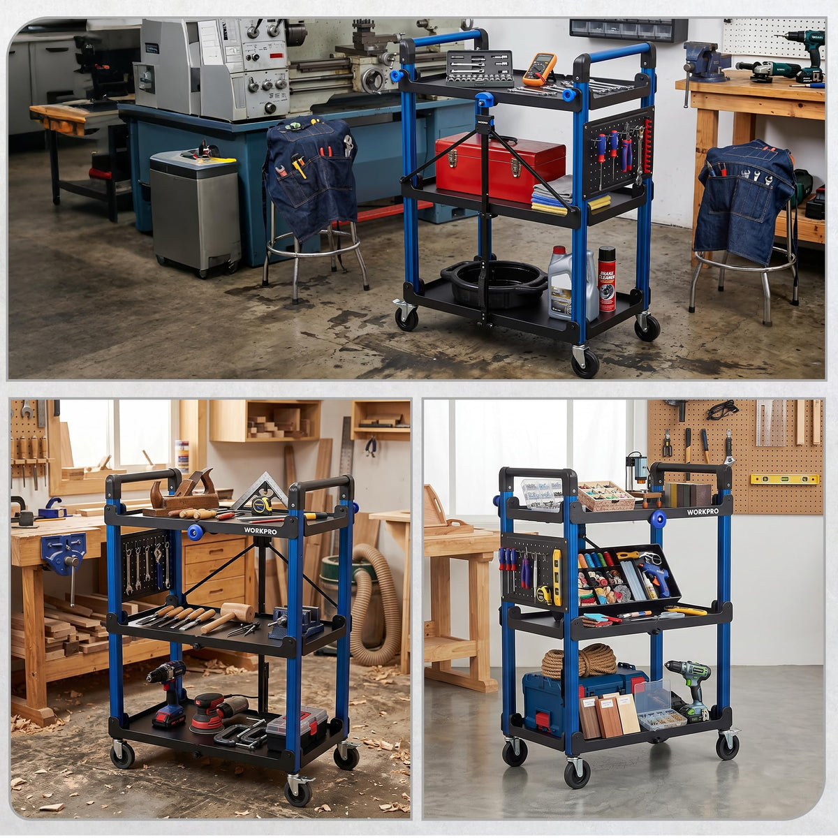 WORKPRO Heavy Duty 3-Tier Utility Cart, 450 LBS Folding Cart with Wheels