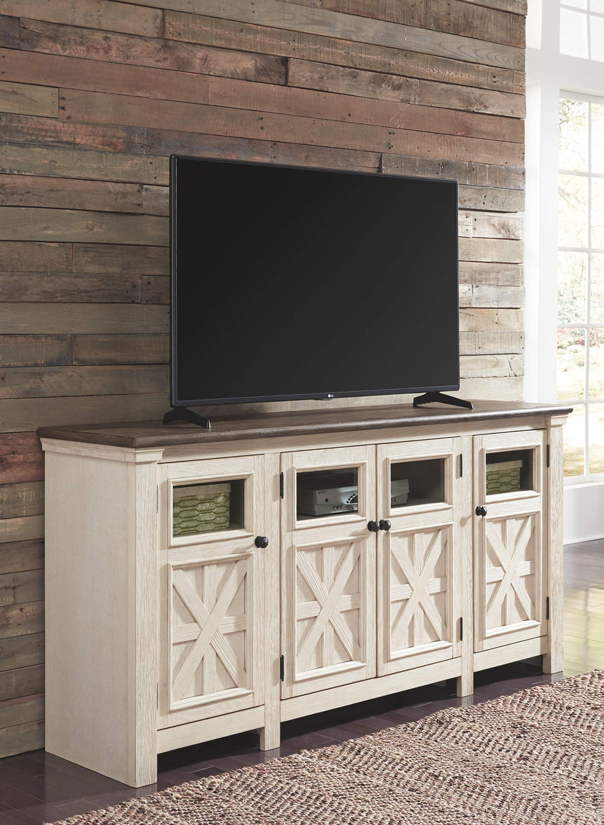 Signature Design by Ashley TV Stand, 74" Farmhouse, White/Weathered Gray