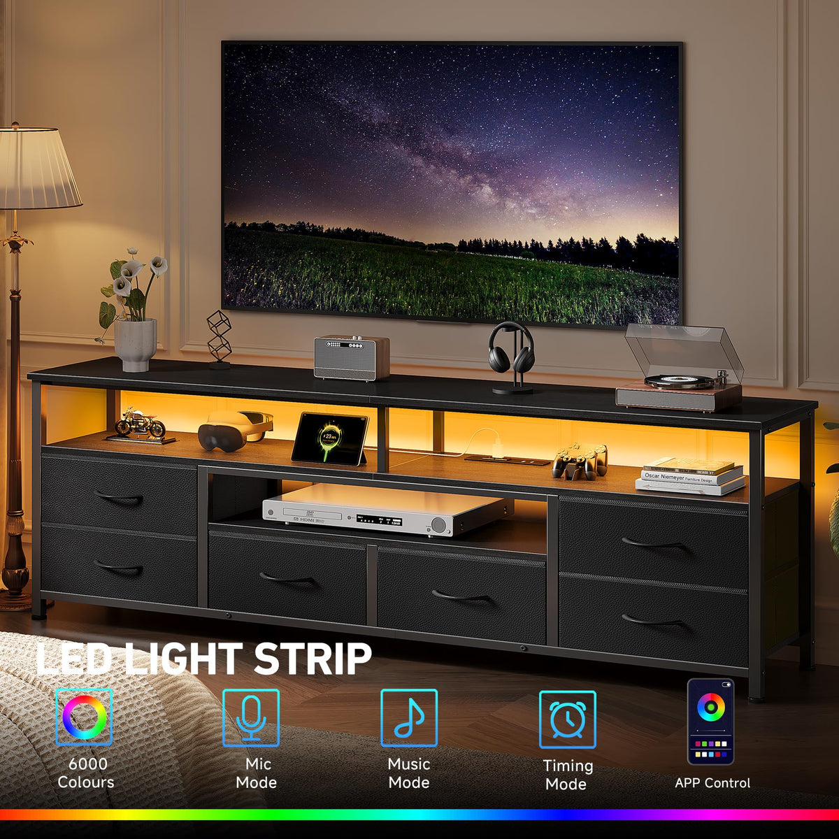 Furologee 63'' LED TV Stand, Entertainment Center w/Power Outlets, Black