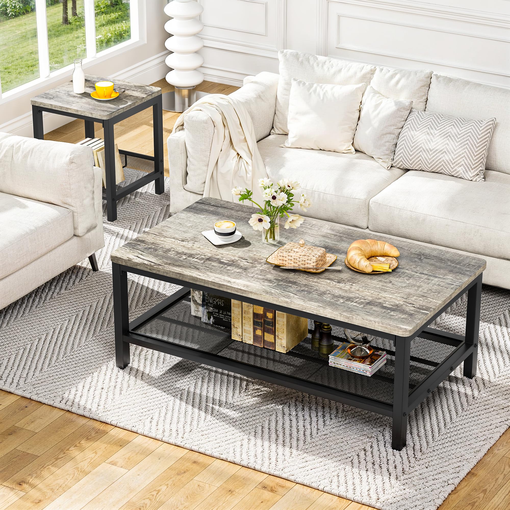 Industrial 3-Piece Coffee Table Set with 2 End Tables