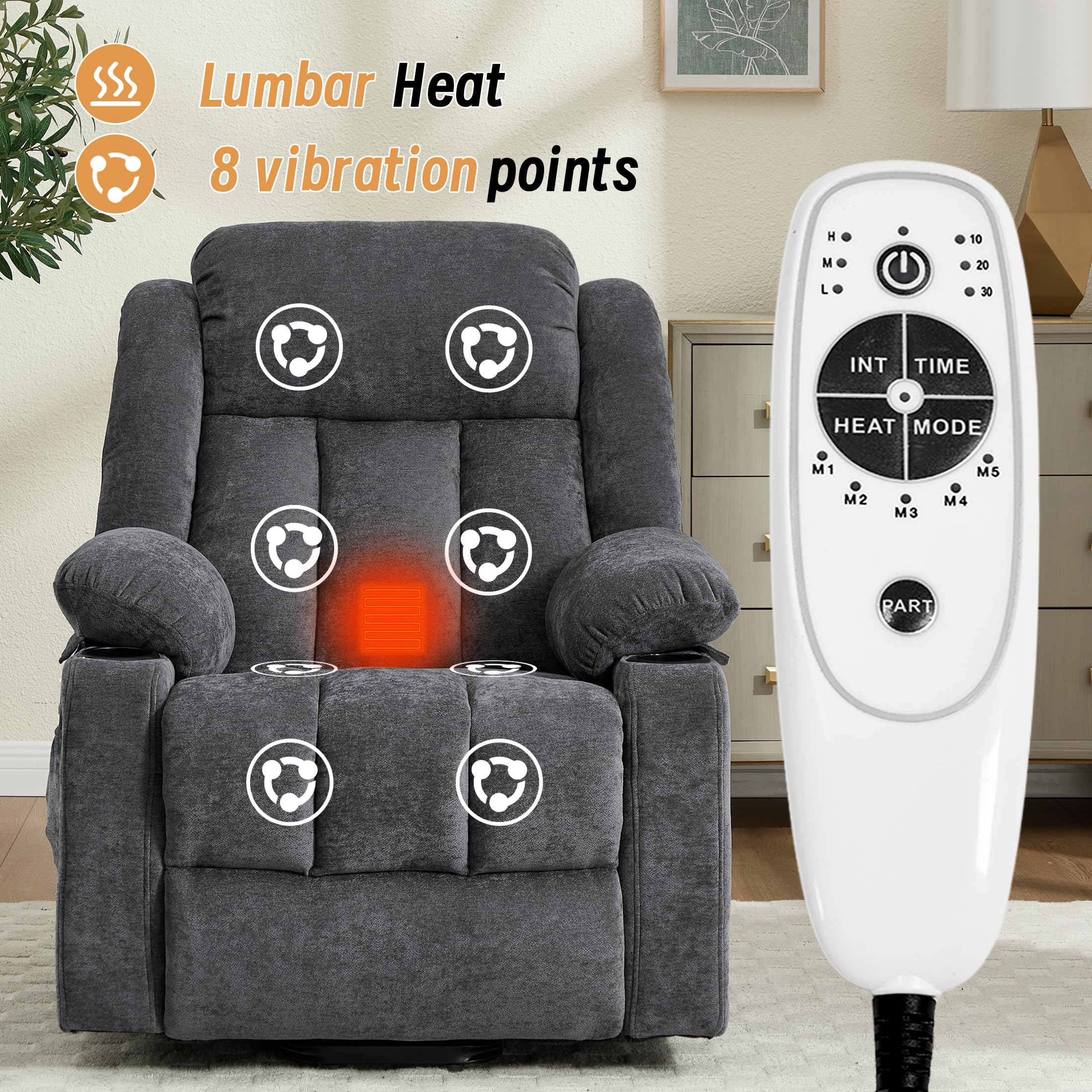Sftaiyou Power Lift Recliner for Elderly,Electric Recliner Chair with Massage & Heating for Adults, USB Charging, Cup Holders, Side Pocket, Living Room Sofa L1288 (Dark Grey)