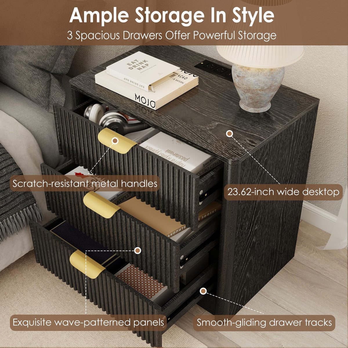 PLRSOZIM 23.6" Black Fluted Nightstand with Charging Station and 3 Drawers