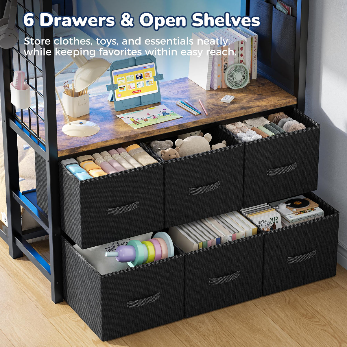Jocoevol Low Bunk Bed Twin Over Twin for Kids with 6 Storage Drawers & Desk