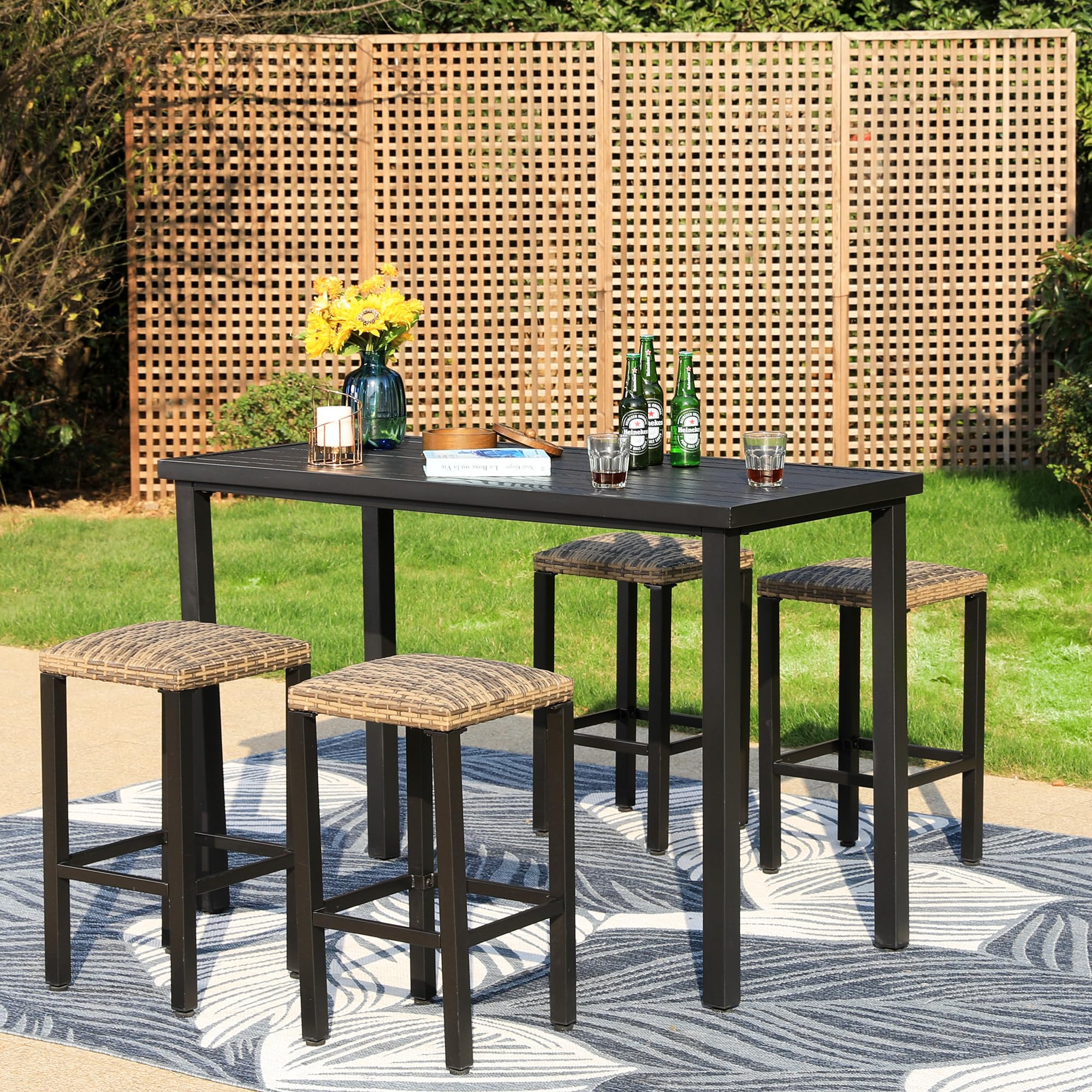 PHI VILLA 5 Piece Patio Bar Set, Black Wood Grain Metal Bar Table & 4 Wicker High Bar Stools, Bar Height Outdoor Dining Set for Porch, Yard, Deck, Poolside