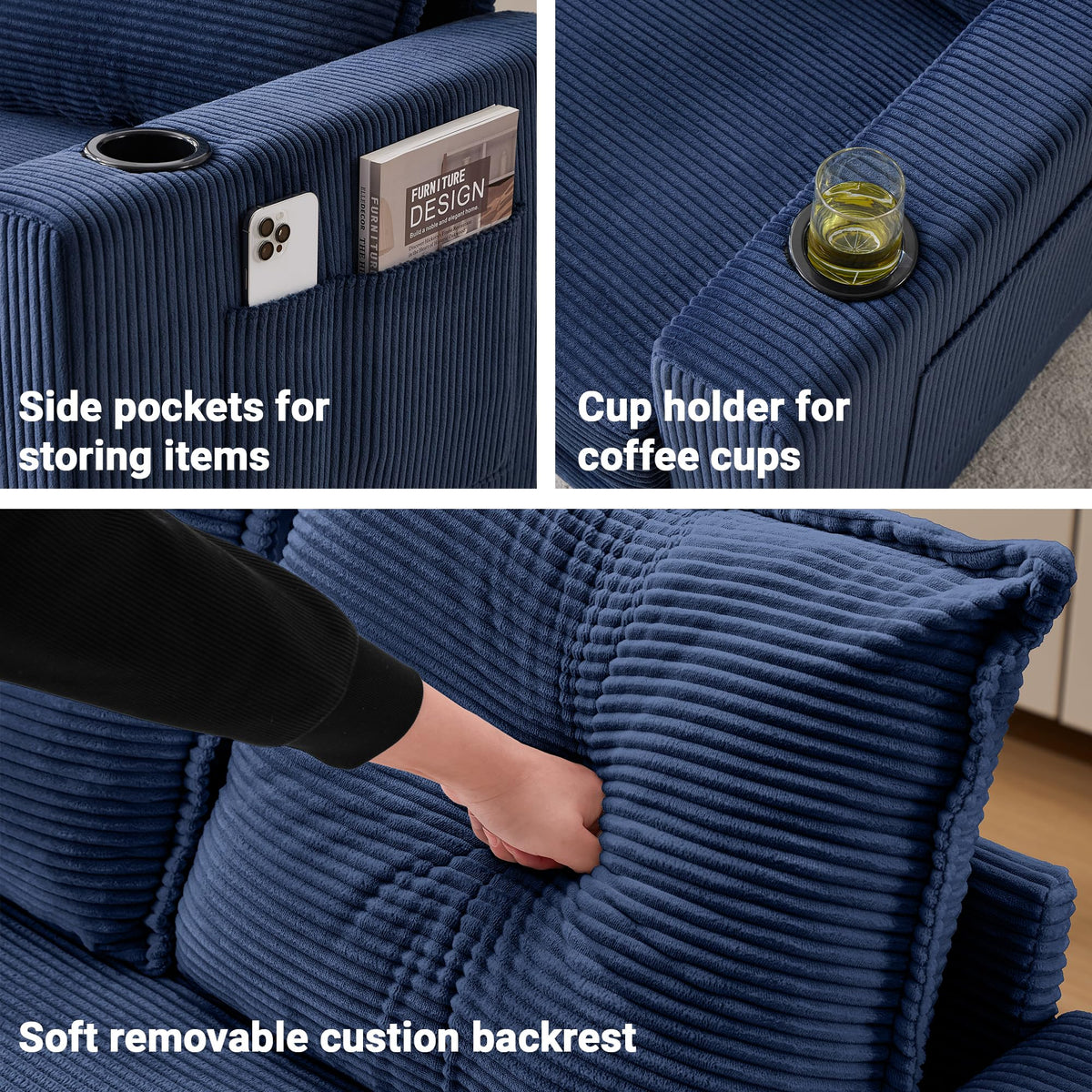 WODNITURE 55.6 in Convertible Sofa Bed, Corduroy Futon Couch, Blue