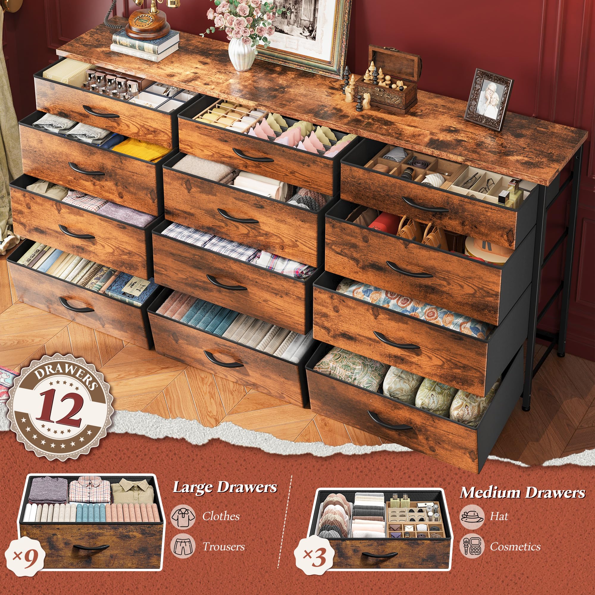 Romorgniz 55" Dresser for Bedroom with 12 Fabric Drawers, TV Stand for 60 inch TV Dressers & Chests of Drawers Large Organizer, Living Room, Metal Frame, Wood Top, Rustic Brown