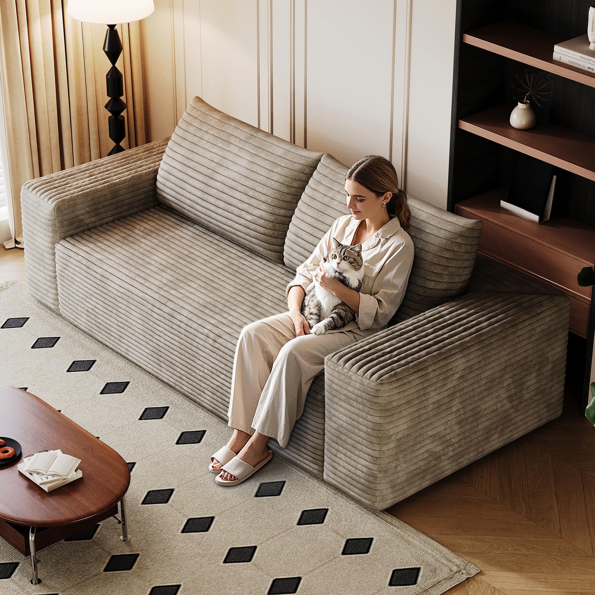 RENDGO 71" 3-Seater Love Seat Sofa,No Assembly Required, Plush Corduroy Loveseat Boneless Couch with High Cushion Backrest and Wider Armrest for Living Room Apartment Bedroom,Camel