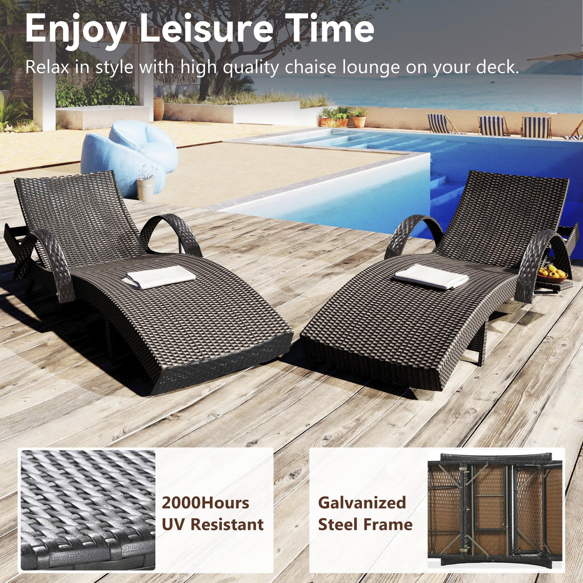 Merax 80" Long Outdoor Wicker Chaise Lounge Set of 2,Patio Rattan Reclining Chair with Pull-Out Side Table Adjustable Backrest,Sun Lounger,Pool Sunbathing Recliners,Dark Brown