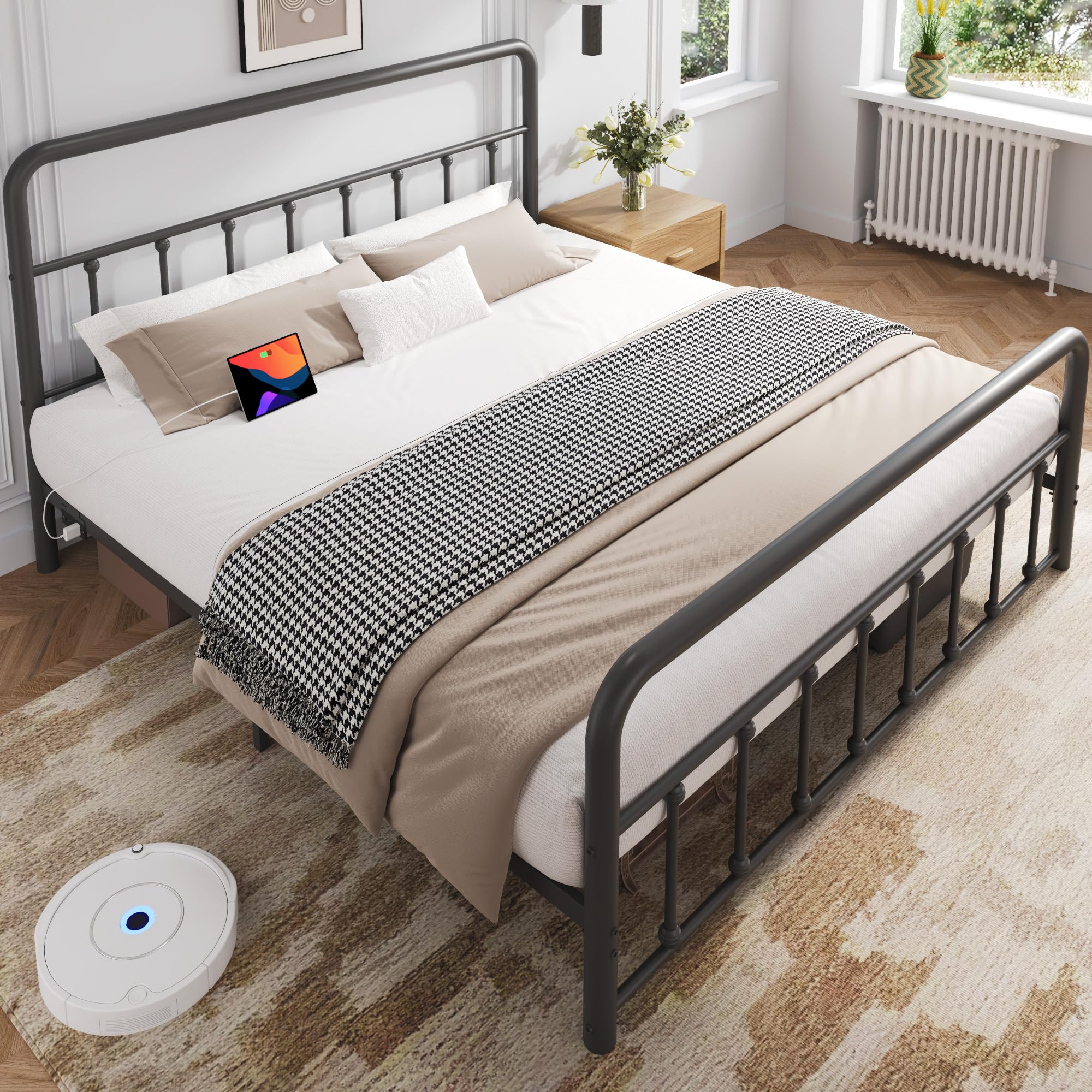 Queen Bed Frame with LED Headboard & Charging Station