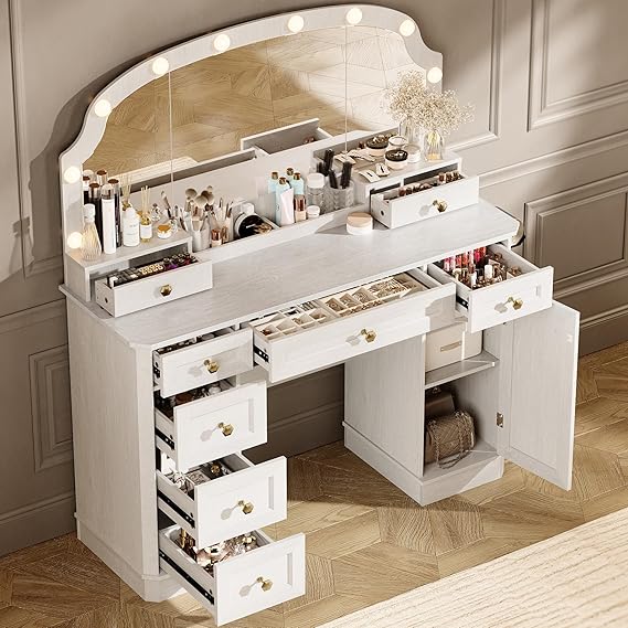 Farmhouse Makeup Vanity Desk with Mirror & Lights