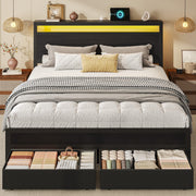 HISOFT Queen Bed Frame with Storage, Wood Headboard with Fast Charging Station, LED Lights, Platform Bed Frame Queen Size, Fabric Drawers with Wheels, No Box Spring Needed, Noise Free, Black
