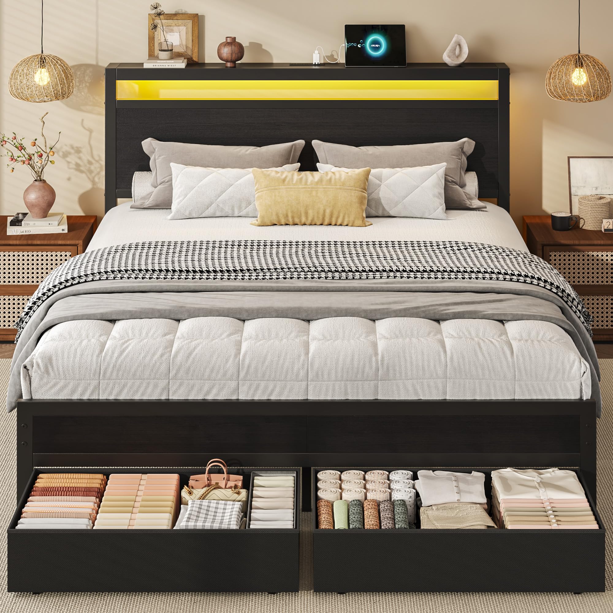 HISOFT Queen Bed Frame with Storage, Wood Headboard with Fast Charging Station, LED Lights, Platform Bed Frame Queen Size, Fabric Drawers with Wheels, No Box Spring Needed, Noise Free, Black
