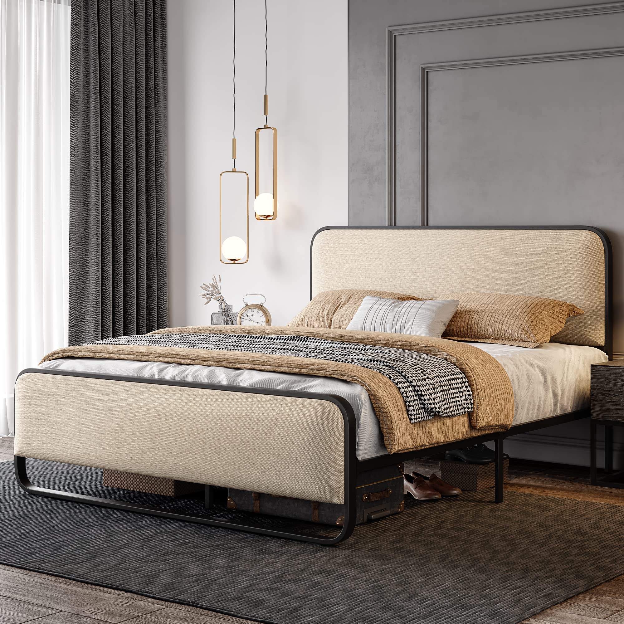 Upholstered Platform Bed Frame with Curved Headboard & Footboard