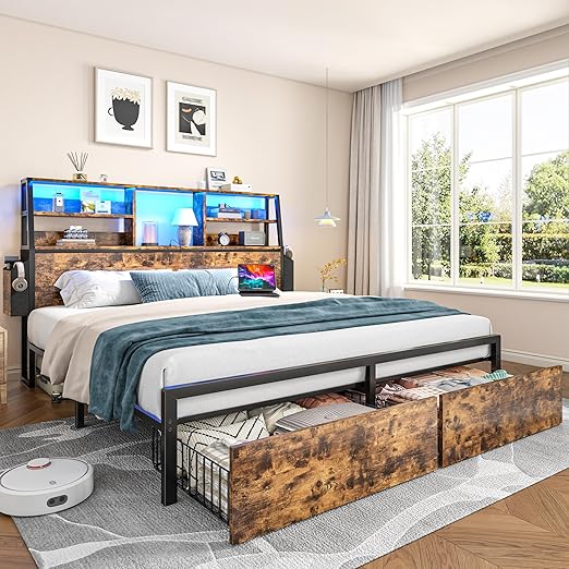 Bed Frame with Storage, LED Lights & Charging Station