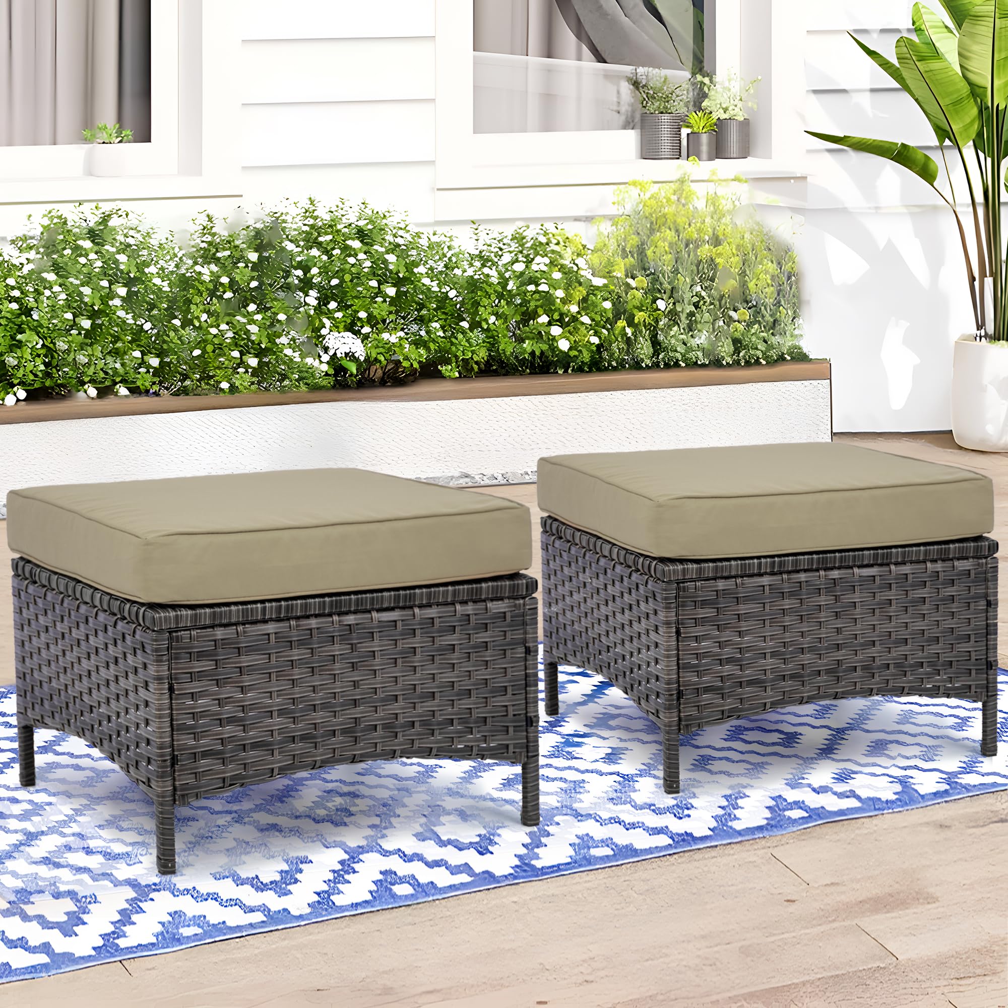 Outdoor Wicker Patio Ottoman Set of 2