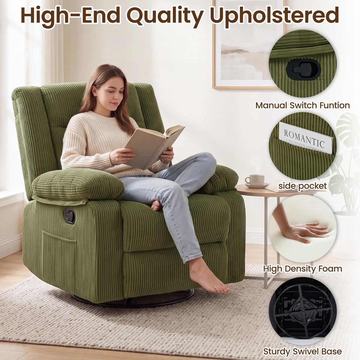 Corduroy Swivel Rocker Recliner