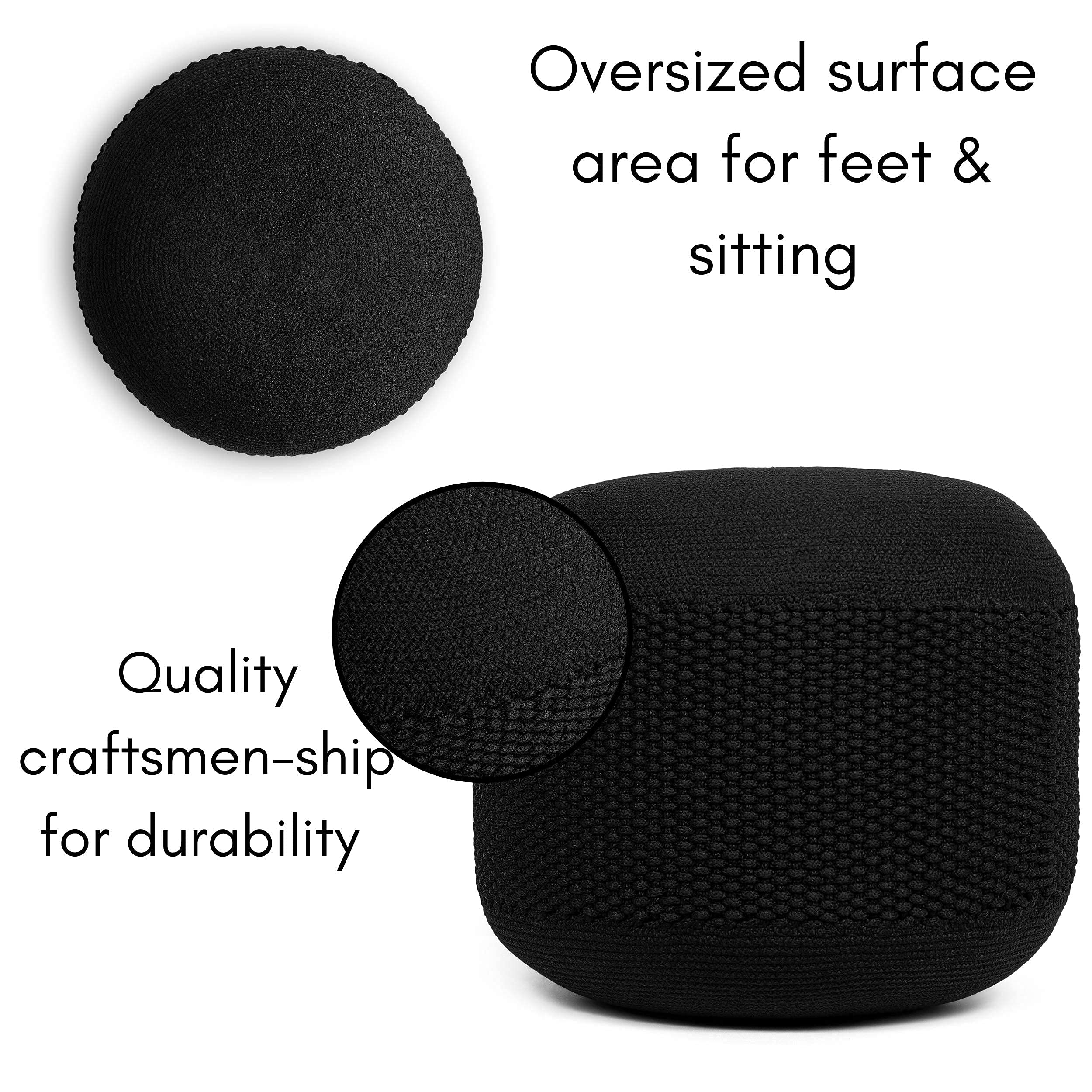 BIRDROCK HOME Outdoor Pouf Ottoman | Hand Woven Waterproof Foot Stool with Bead Bag Filling | Boho Foot Rest for Patio, Living Room, Porch & Outdoor Seating | Lightweight, Soft Stuffed Chair | Black