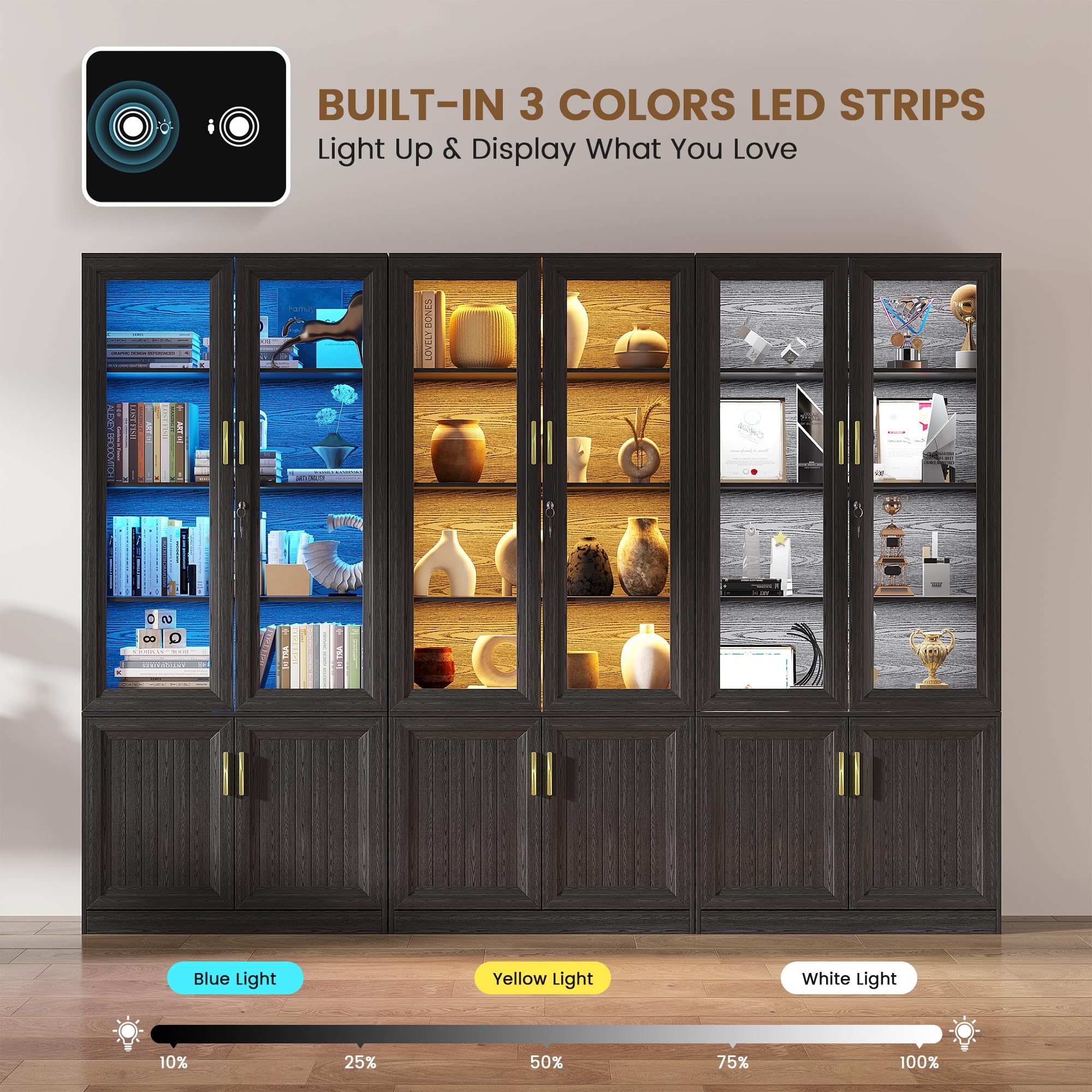 71" Glass Door Display Cabinet with LED Lights & Lock